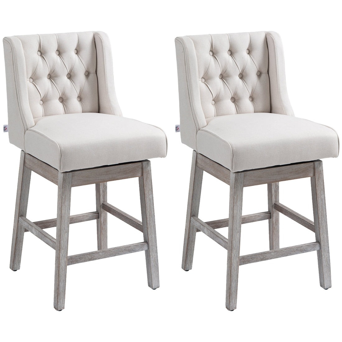 Homcom Counter Height Bar Stools Set Of 2, 180 Degree Swivel Barstools, 27" Seat Height Bar Chairs With Solid Wood Footrests And Button Tufted Design, Beige Beige Rubber Wood