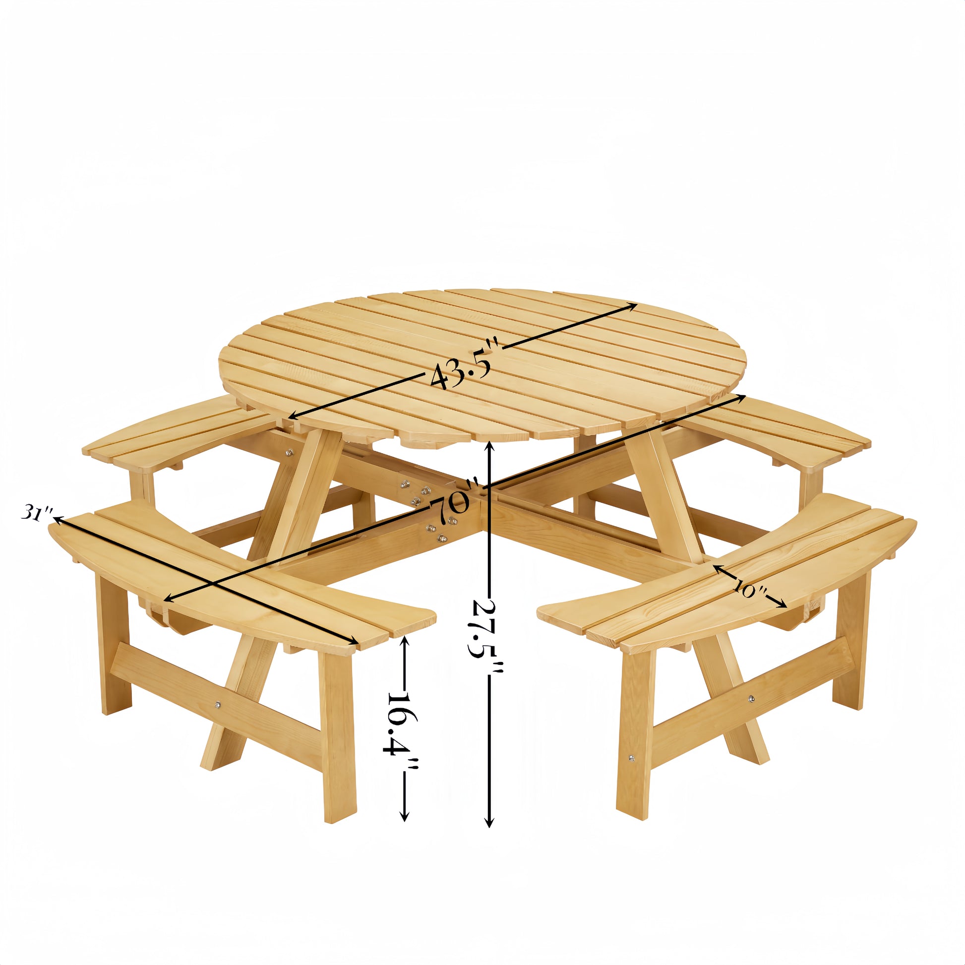 Outdoor 8 Person Picnic Table, 8 Person Round Picnic Table With 4 Built In Benches, Umbrella Hole, Outside Table And Bench Set For Garden, Backyard, Porch, Patio, Natural Natural Wood Metal