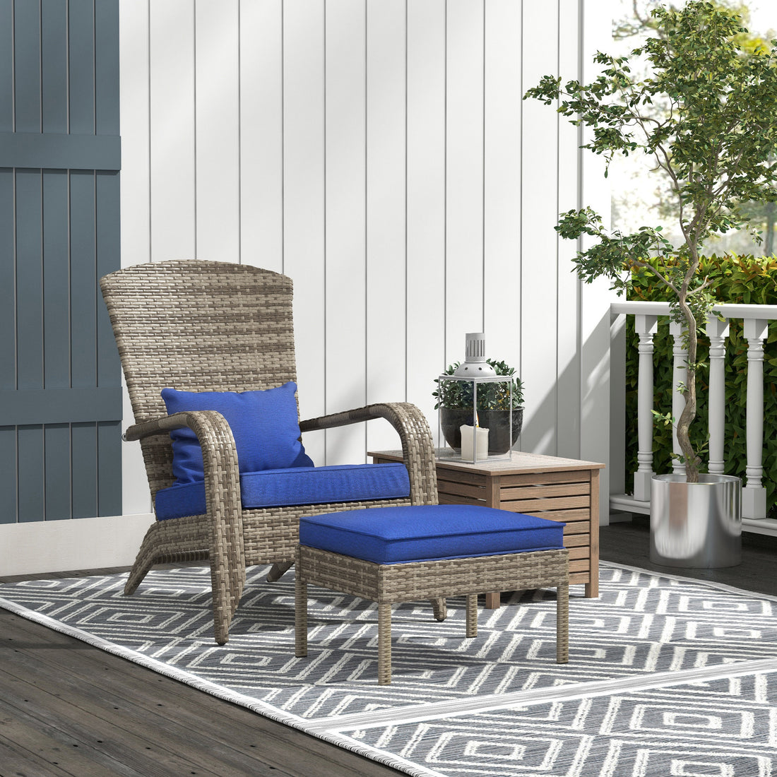 Outsunny Patio Wicker Adirondack Chair With Ottoman, Outdoor Fire Pit Chair With Cushions, High Back, Large Seat & Armrests For Deck, Garden & Backyard, Dark Blue Blue Steel
