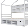 Twin House Bed With Roof Frame, Bedside Shelves, Under Bed Storage Unit,White Twin White American Design Pine