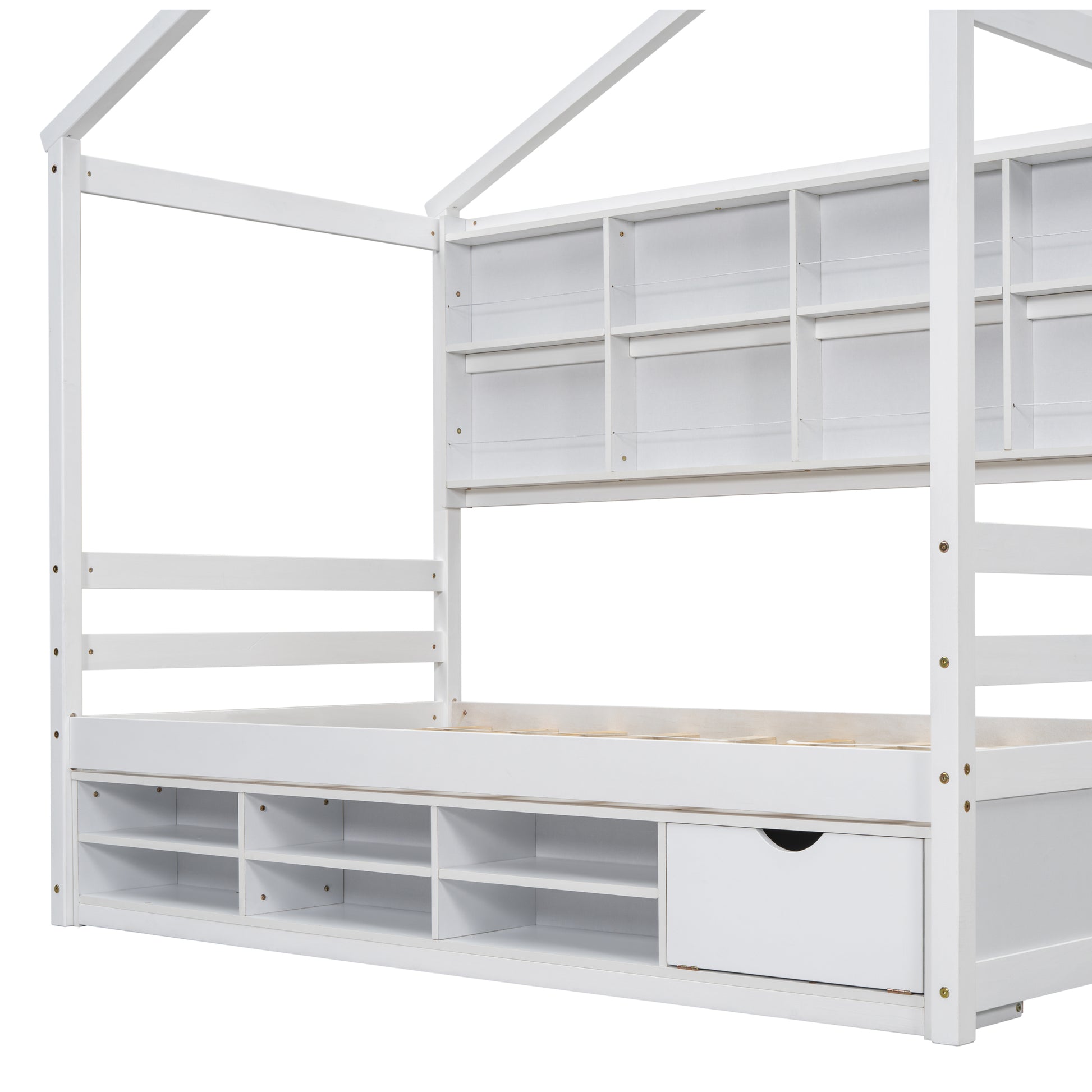 Twin House Bed With Roof Frame, Bedside Shelves, Under Bed Storage Unit,White Twin White American Design Pine