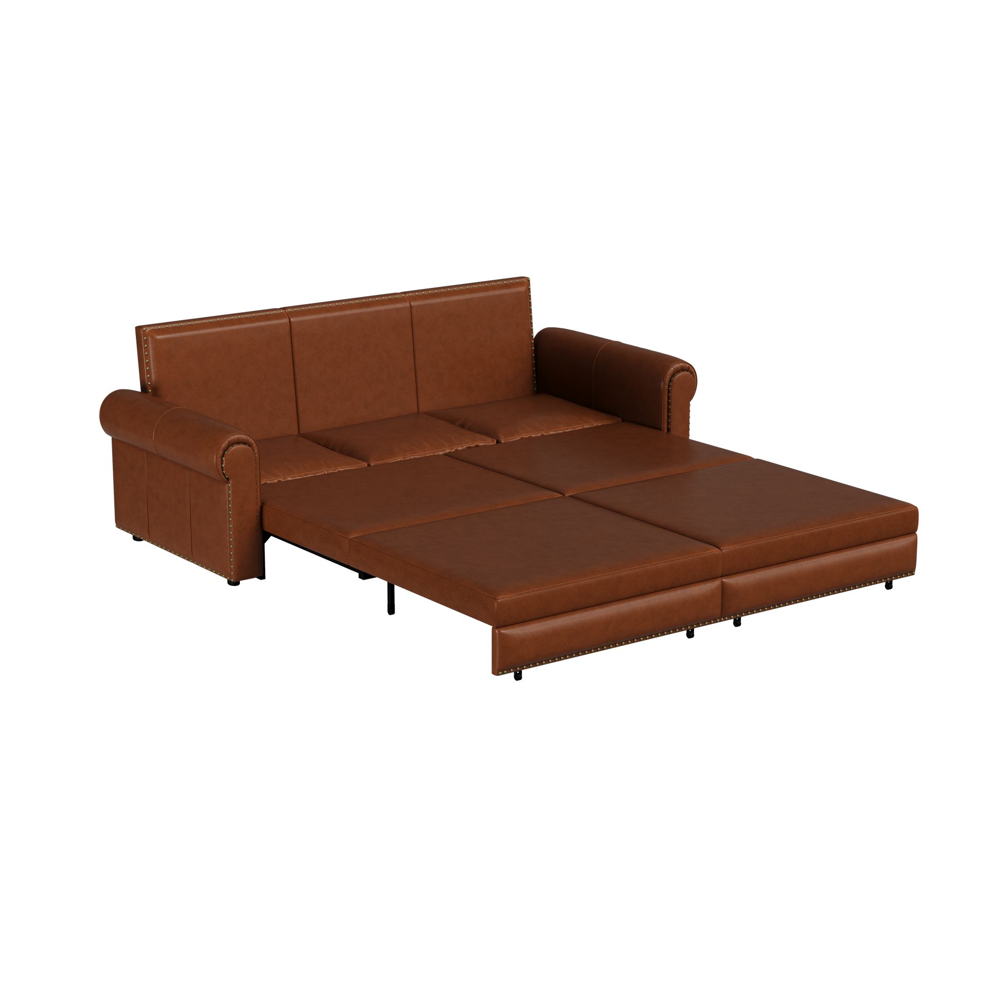 Chesterfield Sofa,93.7" King Pull Out Sofa Bed, 3 In 1 Faux Leather Convertible Sleeper Sofa With Trim & Rolled Arm,Multi Functional Sofa Bed For Living Room,Bedroom,Apartment,Office Light Brown