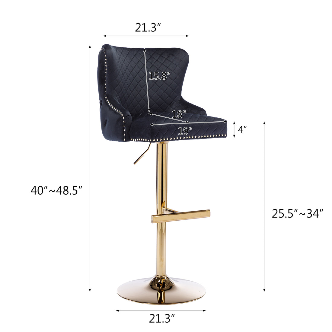 Hengming Velvet Bar Chair Stool One Piece Set, Adjustable Height, Diamond Lattice Against The Back To Pull The Lion'S Head With Zipper Decoration,Set Of 1 Black Velvet