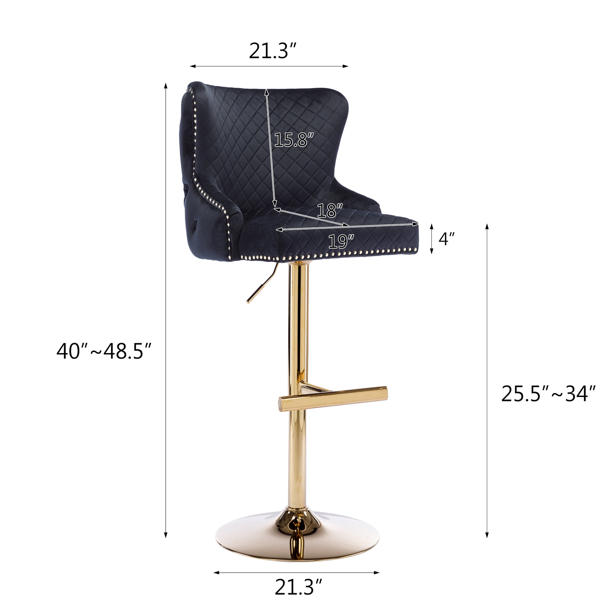 Hengming Velvet Bar Chair Stool One Piece Set, Adjustable Height, Diamond Lattice Against The Back To Pull The Lion'S Head With Zipper Decoration,Set Of 1 Black Velvet