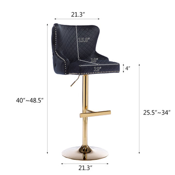 Hengming Velvet Bar Chair Stool One Piece Set, Adjustable Height, Diamond Lattice Against The Back To Pull The Lion'S Head With Zipper Decoration,Set Of 1 Black Velvet