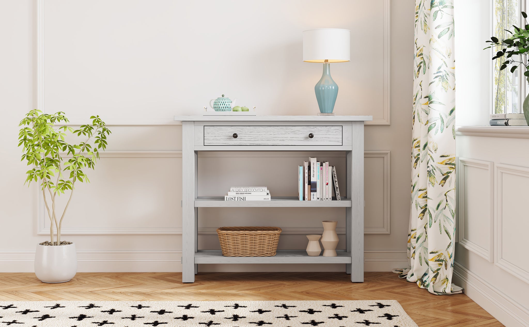 Retro Console Table With Drawer And Two Sturdy Shelves For Entryway, Living Room Antique White Antique White Mdf,Rubber Wood