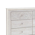 61 Inch Modern Wide Dresser, Whitewashed Wood, 6 Drawers, Medallion Details White Wood