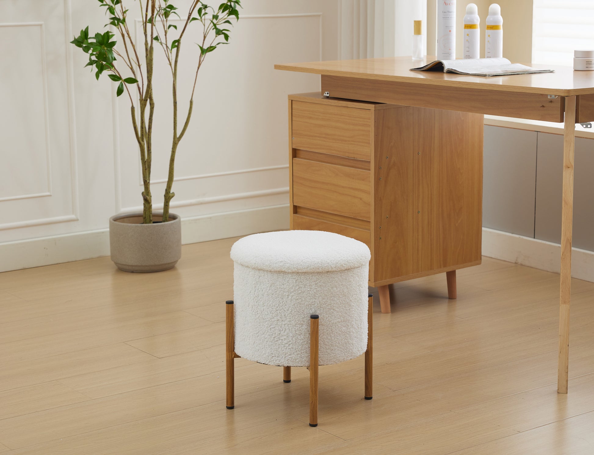 Modern Round Storage Ottoman, Ottoman Foot Stools With Metal Base, Ottoman Footstool With Removable Lid Storage Ottoman For Living Room, Bedroom, Makeup Room White White Upholstered