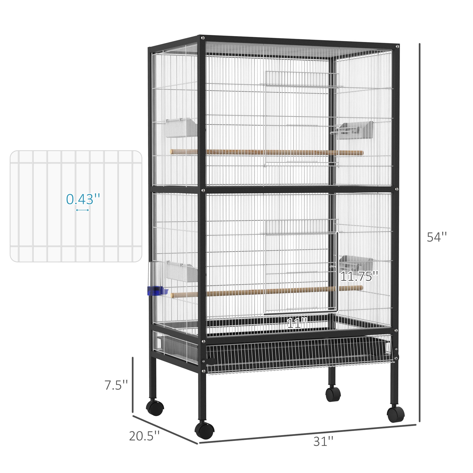 Pawhut 54" Extra Large Portable Rolling Iron Aviary Flight Bird Cage And Accessories Black Iron