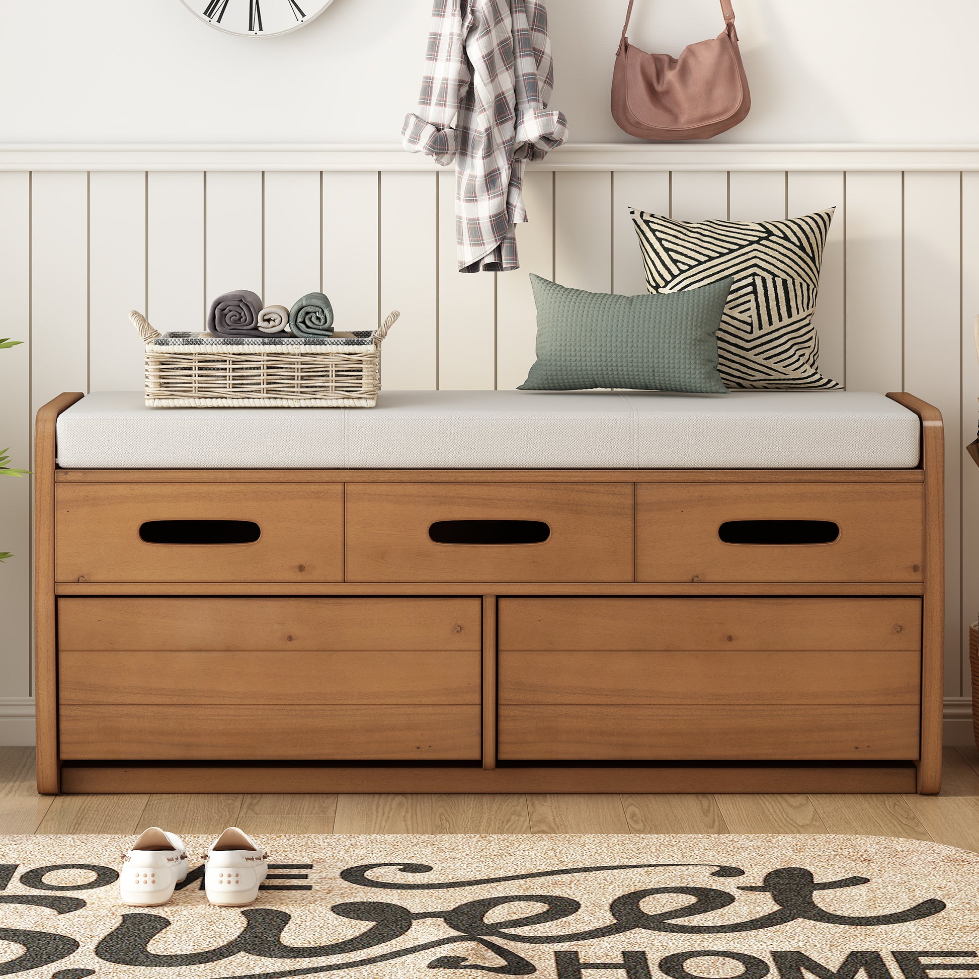 Rustic Storage Bench With 2 Drawers, Hidden Storage Space, And 3 False Drawers At The Top, Shoe Bench For Living Room, Entryway Natural Wood Natural Wood Mdf Acacia