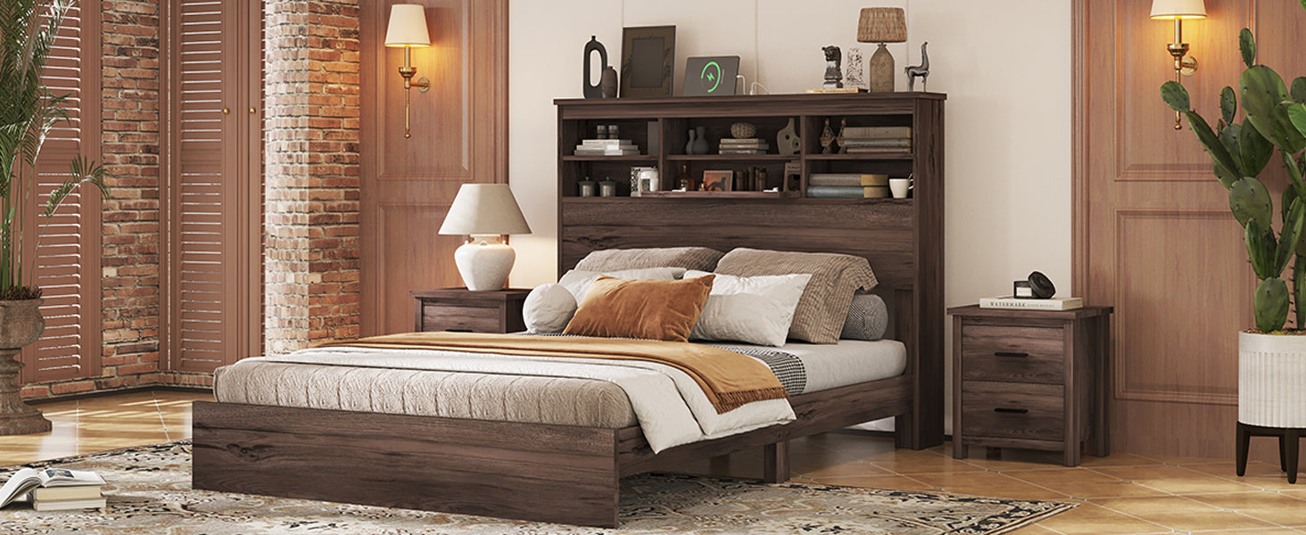 Queen Size Wooden Platform Bed With Storage Headboard,American Country Style Bed With Usb Charging Ports,Dark Walnut Queen Walnut American Traditional Mdf