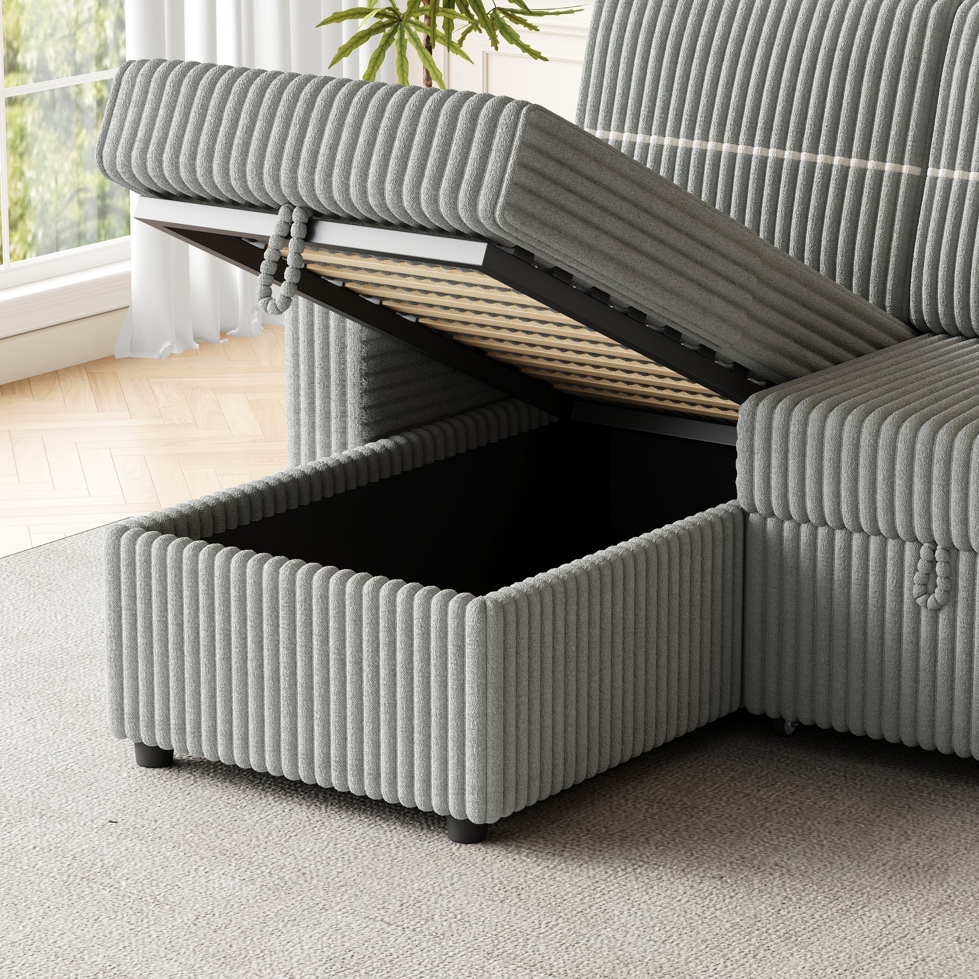 85 Inches Corduroy Sofa Bed, 3 Seater Sleeper Sofa With Storage Chaise, Square Handrail With Two Cup Holder And Usb Charge Port, Pull Out Couch For Living Room Light Grey Corduroy 3 Seat