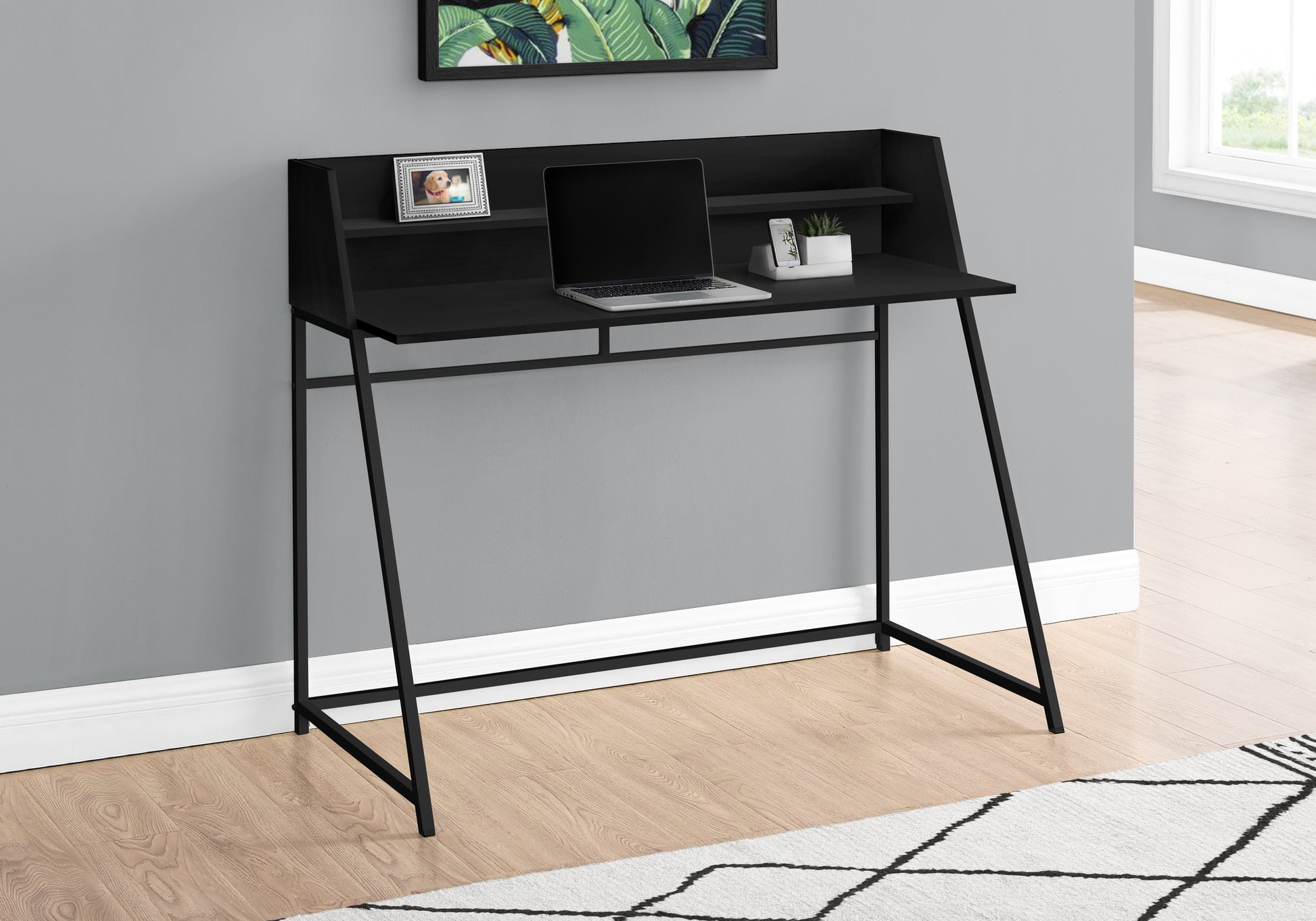 Computer Desk, Home Office, Laptop, Storage Shelves, 48"L, Work, Black Laminate, Black Metal, Contemporary, Modern Black Particle Board