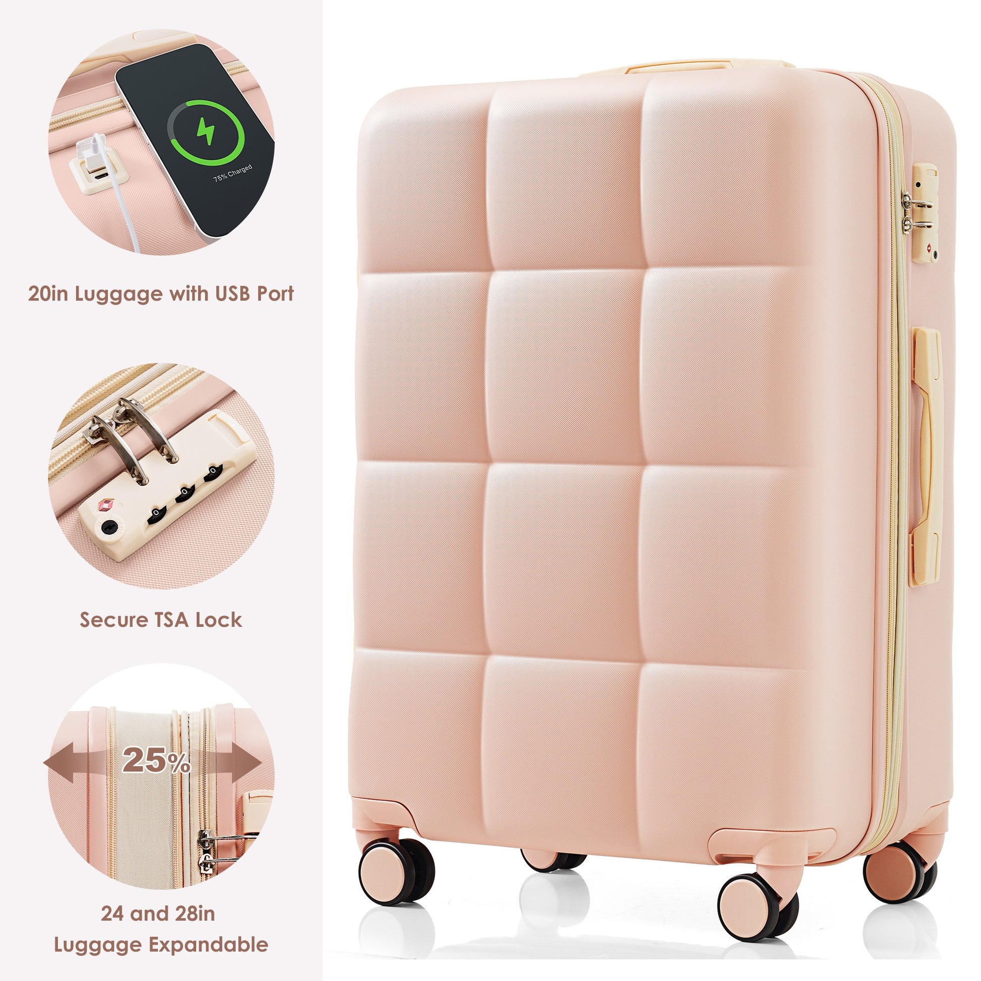 Luggage Sets 4 Piece, 20 Inch With Usb Port, Expandable Abs Durable Suitcase With Travel Bag, Cup Holder, Abs Hard Shell Luggage With Spinner Wheels, Pink Pink Abs