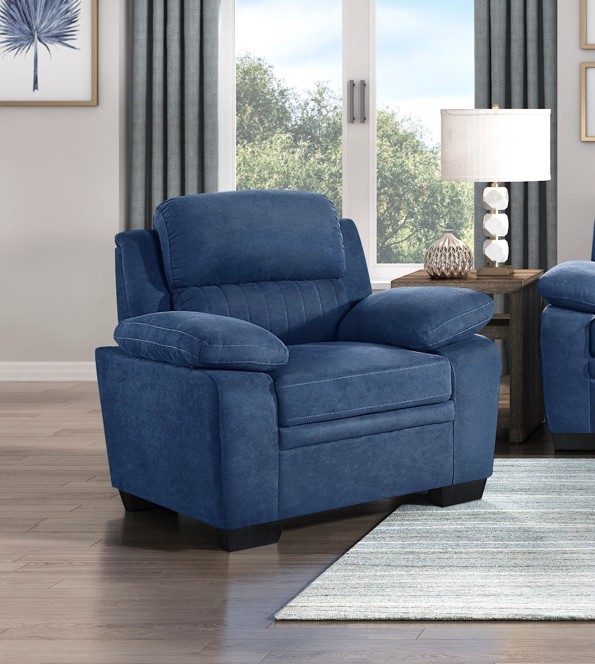 Modern Living Room 3Pc Sofa Set Plush Comfort Sofa And Two Chair Set Blue Textured Fabric Channel Tufting Solid Wood Furniture Blue Polyester Wood Primary Living Space Contemporary Pillow Top Arms Solid Wood 5 Seat