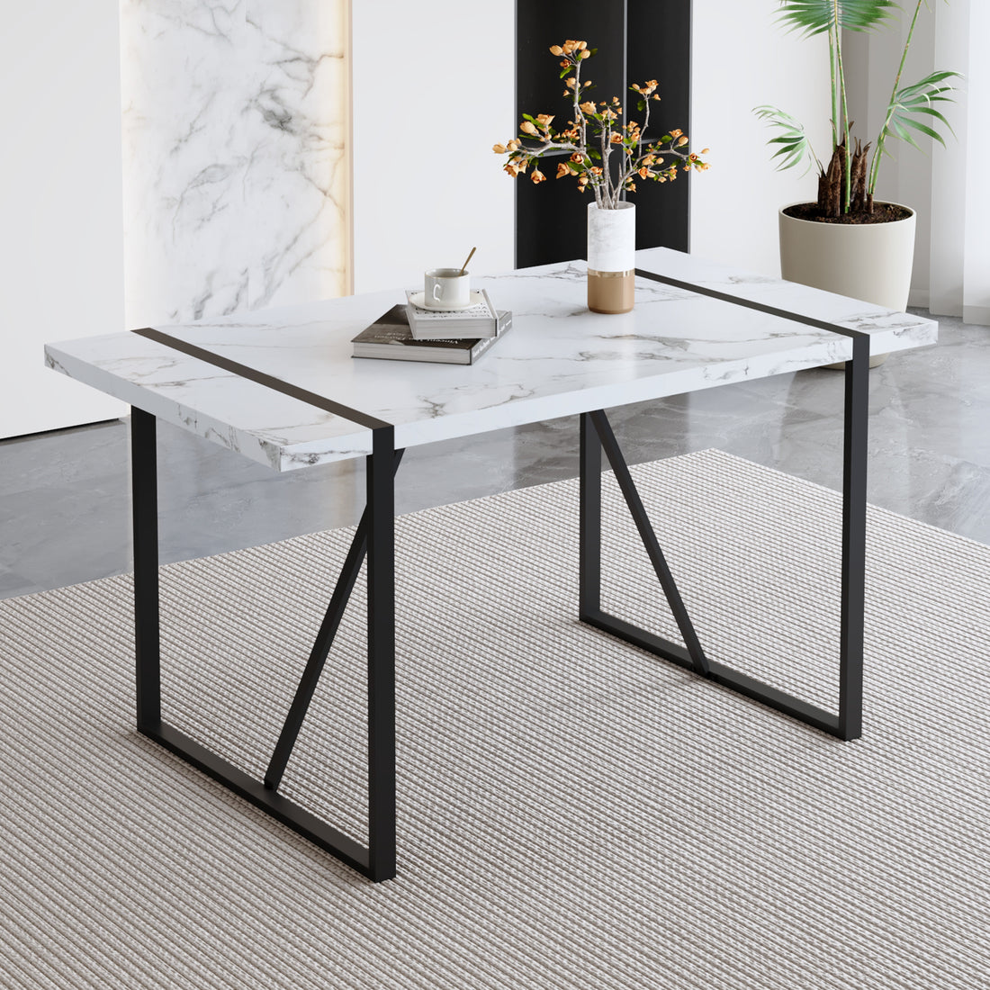 Industrial Rectangular Mdf White Pattern Dining Table For 4 6 People With 1.5 Inch Thick Mdf Top And Black Metal Legs For Desks, Kitchens, Patios, Dining Rooms White Mdf