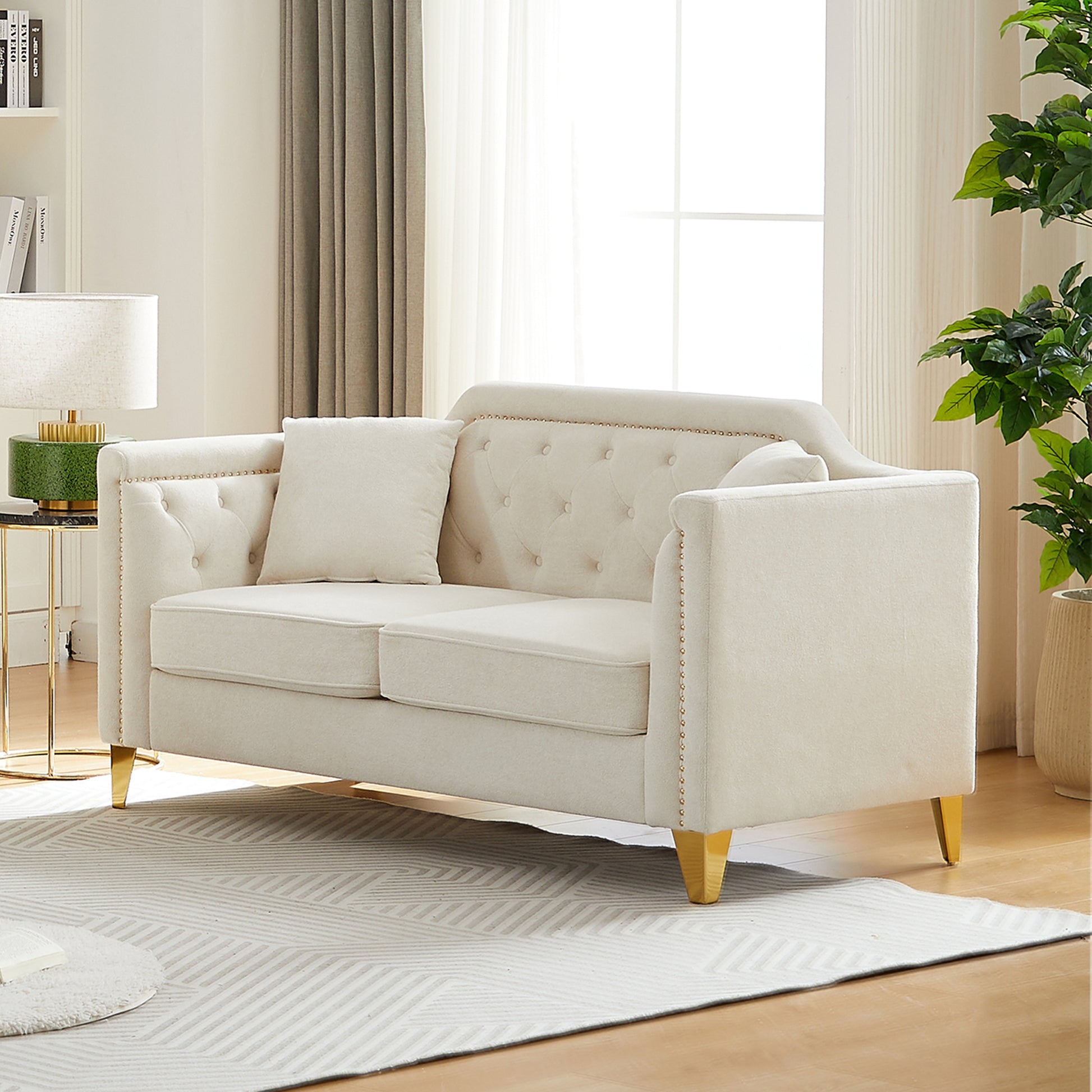 Fx 61.5"Mid Century Design Modern Sofa,Chenille Pull Buckle Design Sofa For Living Room,Buttons Tufted With Copper Nail Decoration Armrest, With 2 Pillows,Modern Couch Upholstered Button And Metal Leg Beige Chenille Wood Pine Foam Fabric 2 Seat