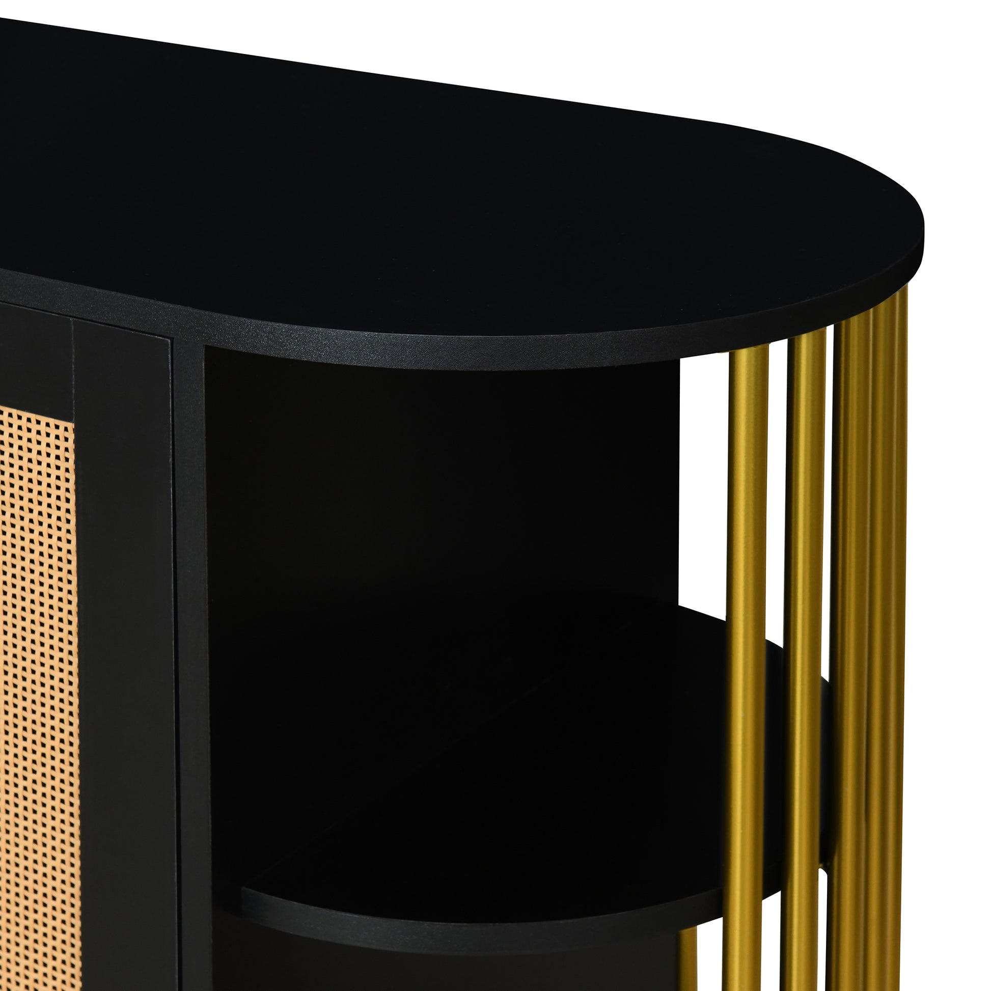 2 Door Elegant Curved Dining Cabinet With Gold Trim And Woven Rattan Doors For Dining Room Black Black Particle Board