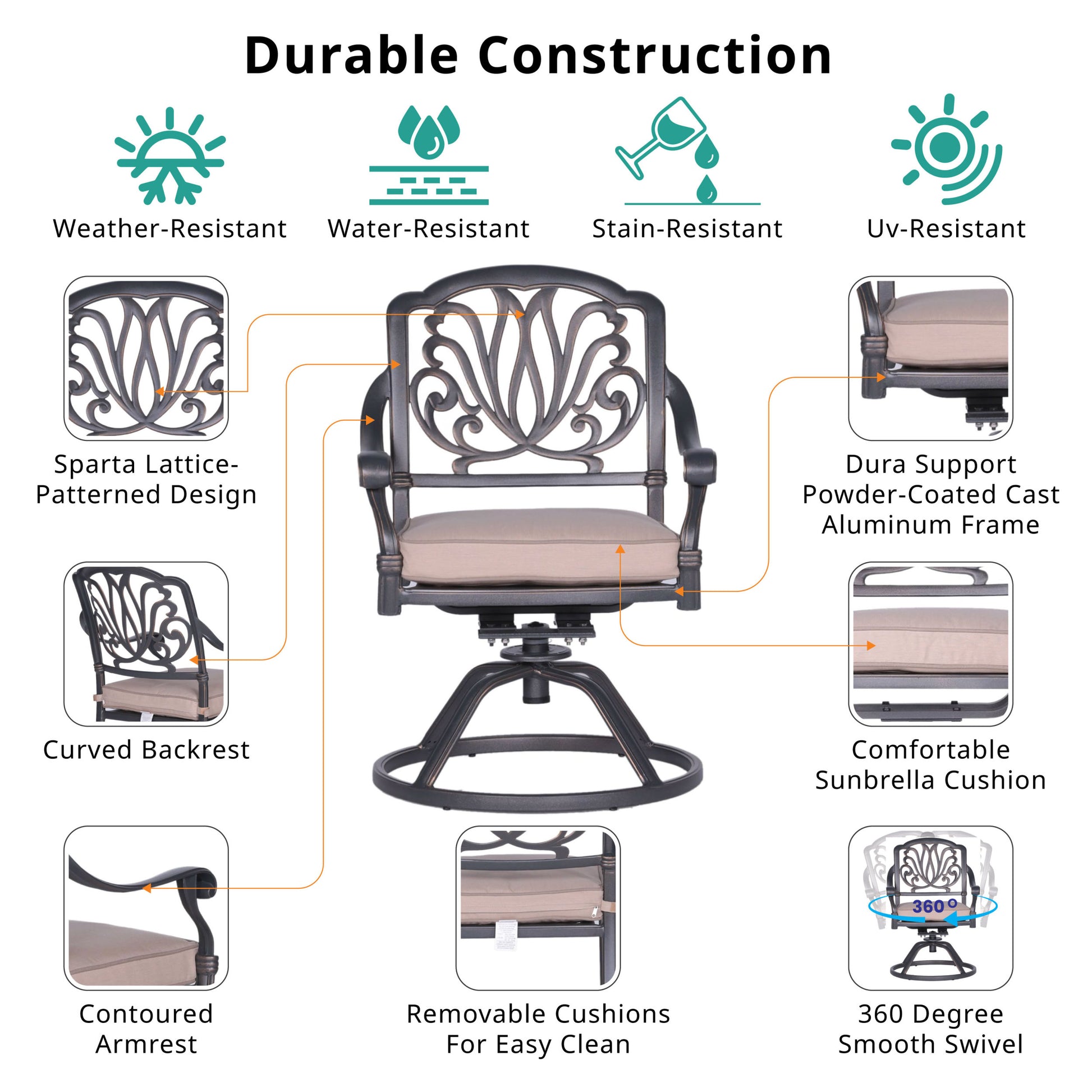 Patio Outdoor Aluminum Dining Swivel Rocker Chairs With Cushion, Set Of 2, Spectrum Sand Grey Ivory Foam Aluminum