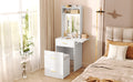 Small Vanity Desk With Mirror And Light, Dressing Table With Charging Station & Fold Up Panel For Small Space, Compact Makeup Vanity Set With Hidden Stool For Bedroom, White White Mdf,Tempered Glass