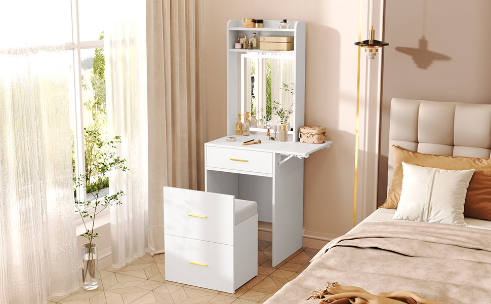 Small Vanity Desk With Mirror And Light, Dressing Table With Charging Station & Fold Up Panel For Small Space, Compact Makeup Vanity Set With Hidden Stool For Bedroom, White White Mdf,Tempered Glass