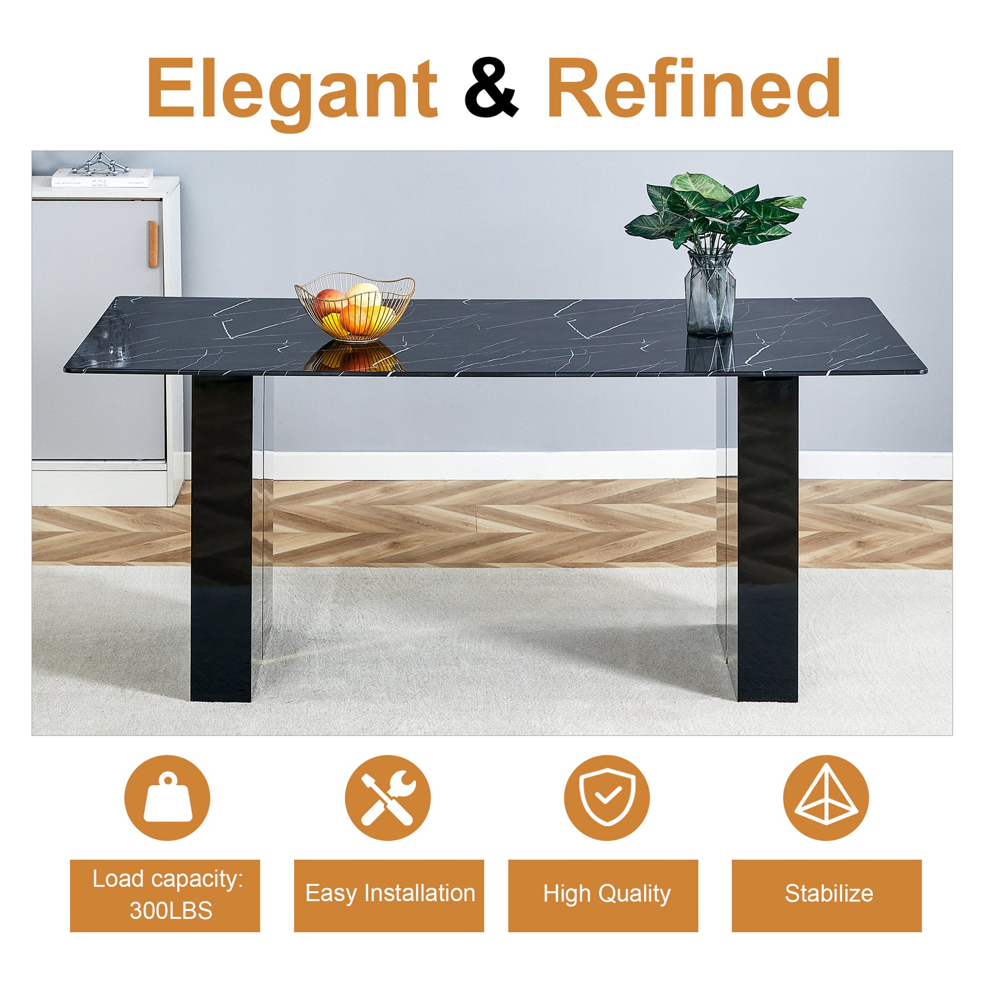 Large Modern Rectangular Table With Black Patterned Countertop And Large Mdf Legs For Kitchen, Dining Room And Living Room To Create A Different Atmosphere For A Home Environment. Black Mdf