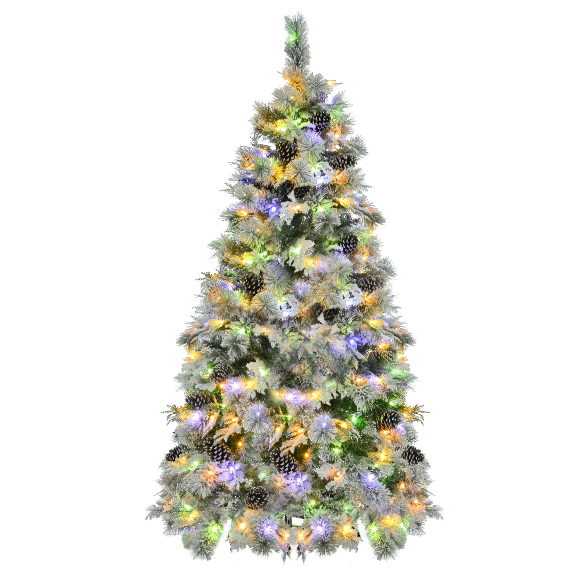 6Ft Pre Lit Spruce Snow Flocked Christmas Tree With Pine Cones, Artificial Xmas Tree With 403 Branch Tips,Mixed Pe & Pvc Branches, 250 Multi Color Led Lights, 11 Flashing Modes, Holiday D Cor White Green Polyethylene,Pvc