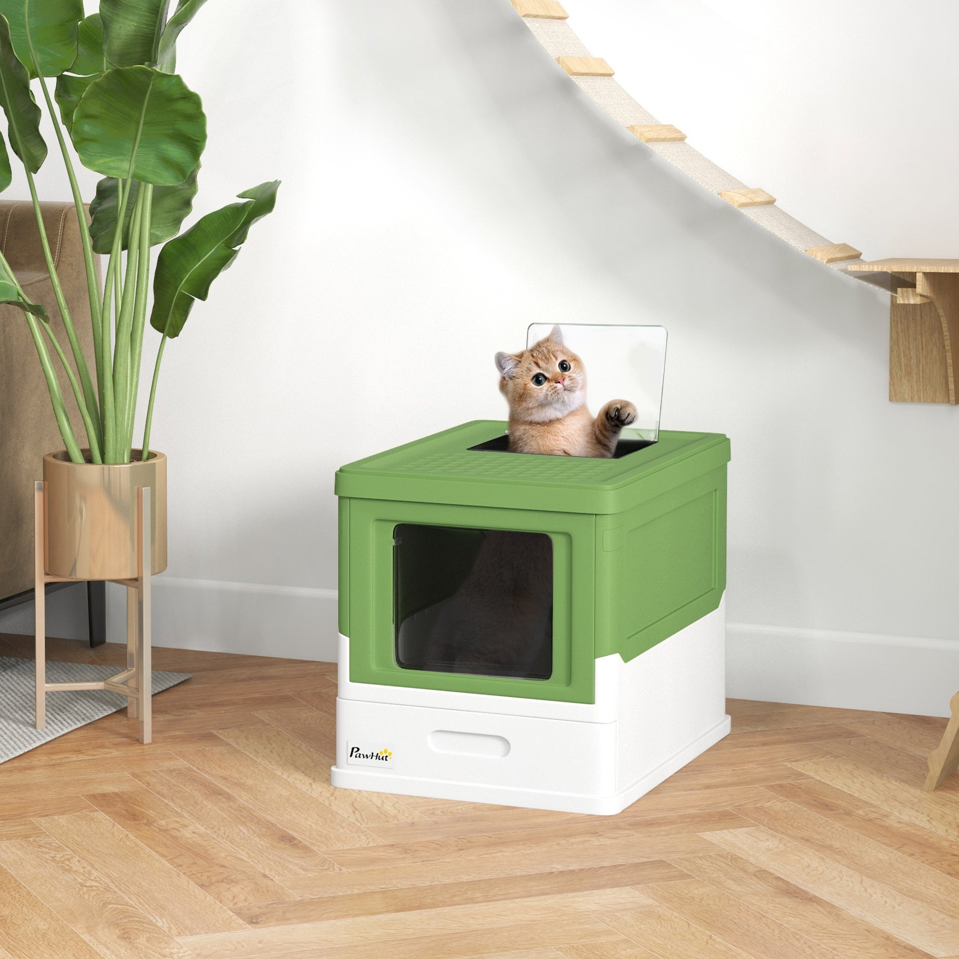 Pawhut Fully Enclosed Cat Litter Box With Scoop, Hooded Cat Litter House With Drawer Type Tray, Foldable Smell Proof Cat Potty With Front Entry, Top Exit, Large Space, Yellowish Green Green Plastic