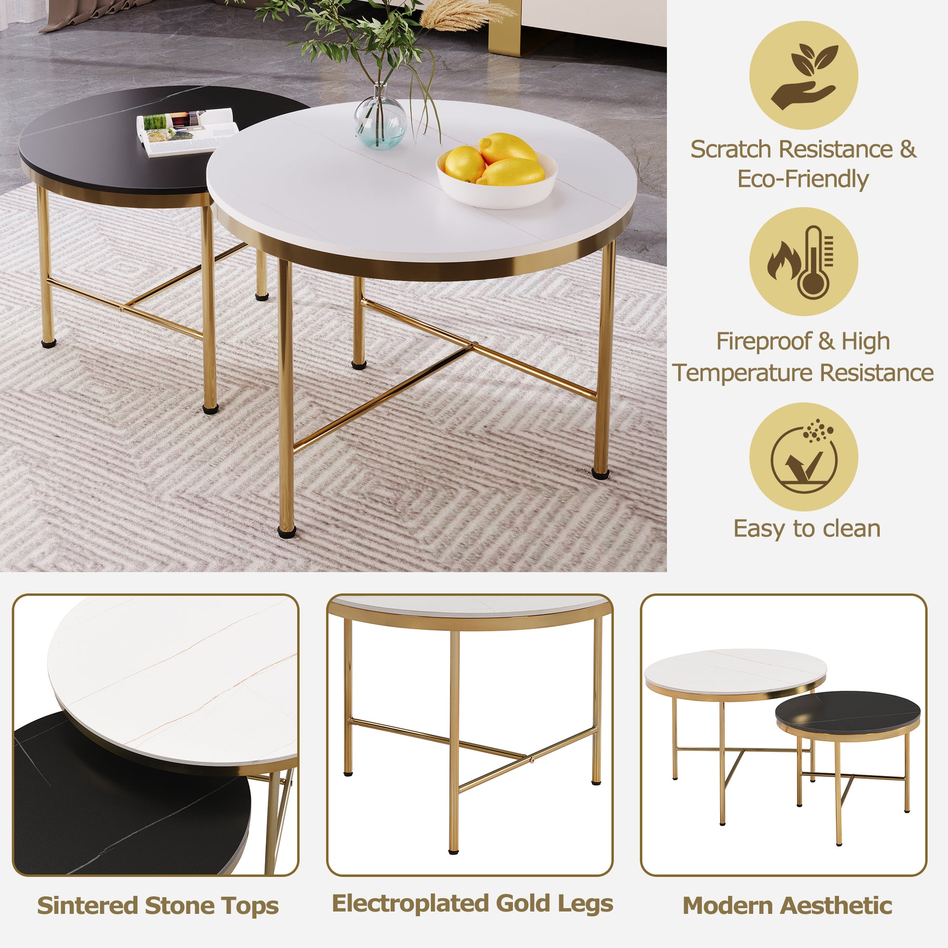 Modern Round Nesting Coffee Table Set 2 Piece Black & White Sintered Stone Top Gold Base In 23.6''&17.7'' Black White Coffee & End Tables Round Metal Sintered Stone T Shape