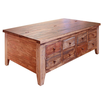 Fena 50 Inch 8 Drawer Coffee Table, Lift Top, Multicolor Distress Pine Wood Brown Solid Wood