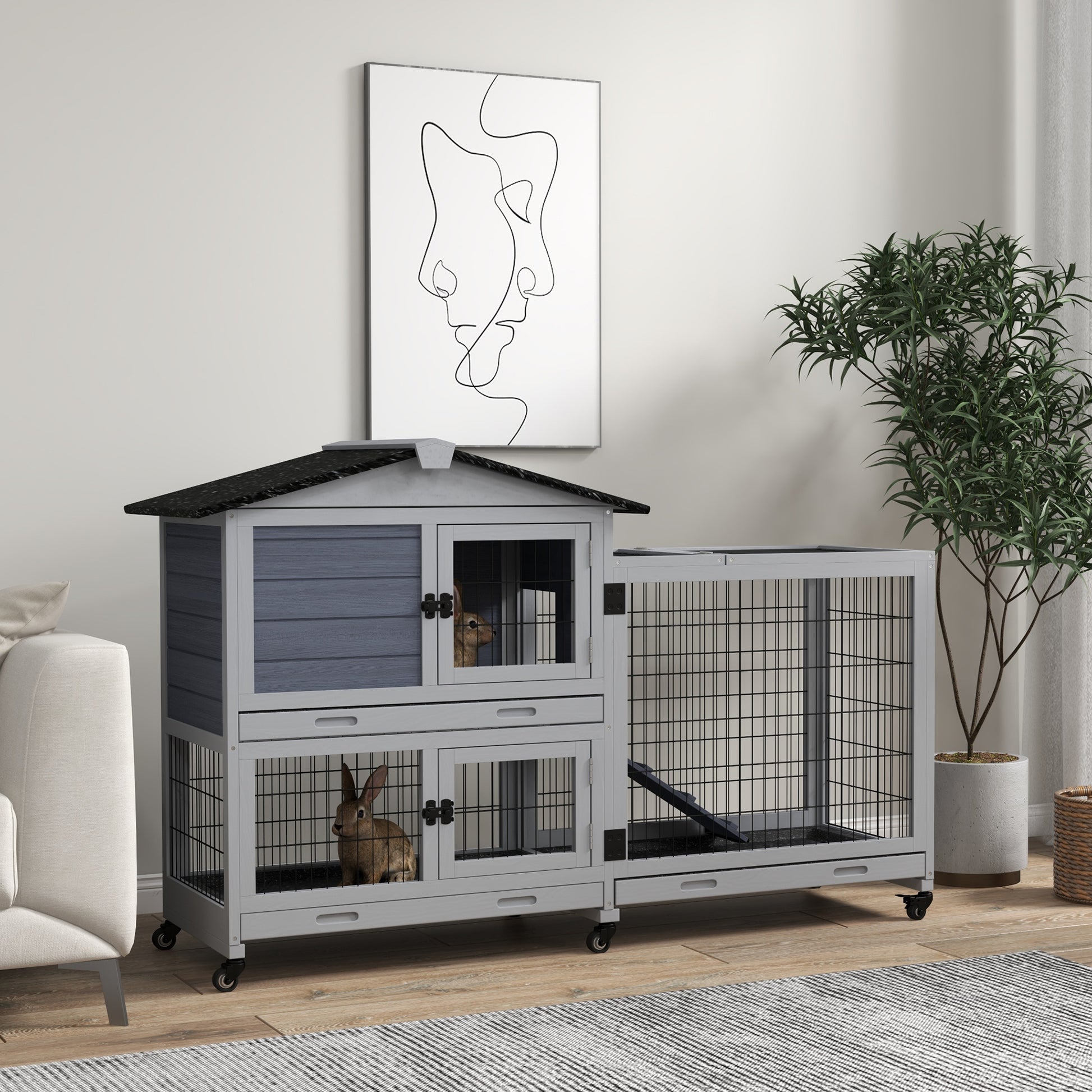 Pawhut Rabbit Hutch 2 Story Bunny Cage Small Animal House With Slide Out Tray, Wheels, For Indoor Outdoor, 59.8" X 20.9" X 39.2", Gray Grey Wood