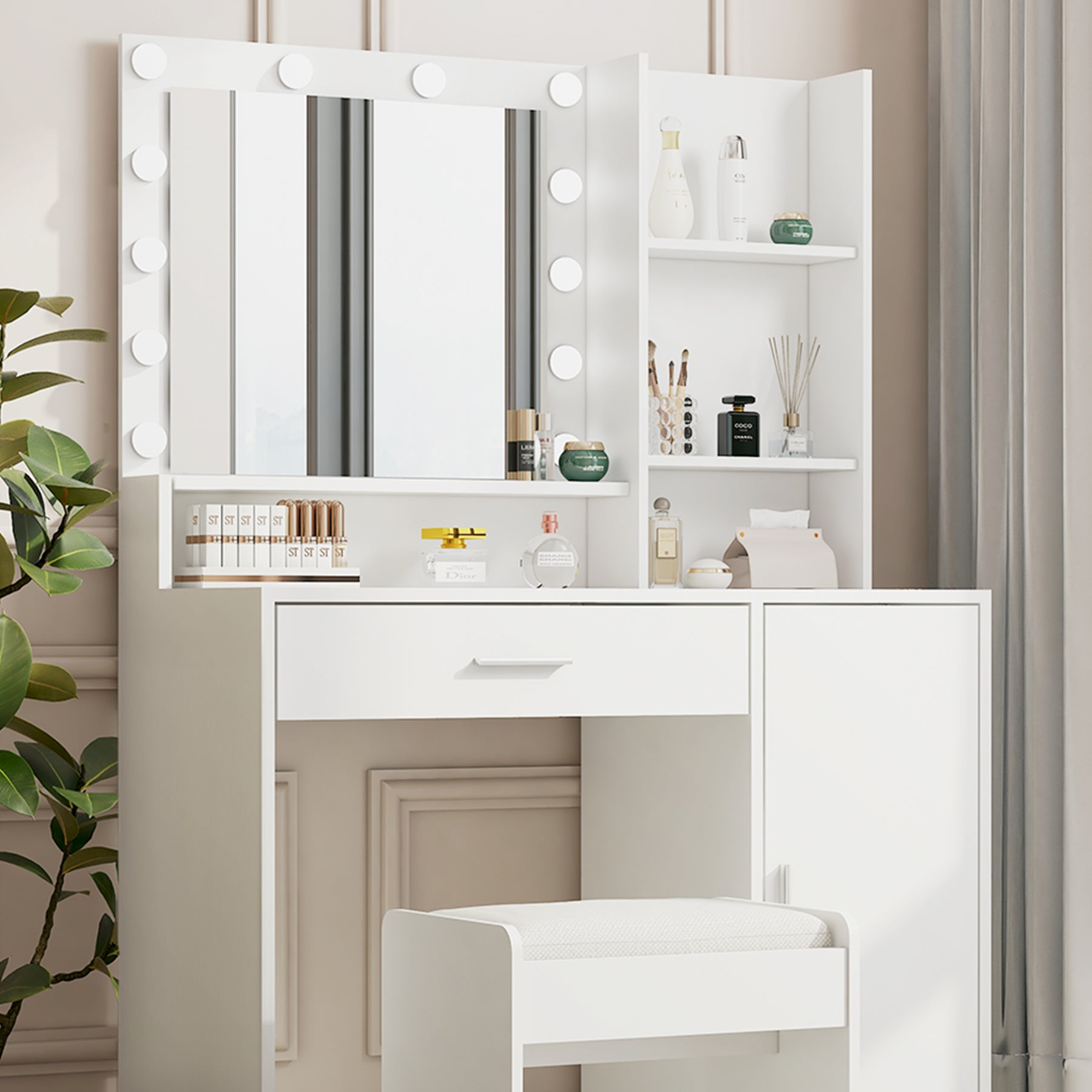 Vanity Desk With Mirror & Light, Large Drawer Three Level Storage Dresser, 3 Lighting Modes Adjustable Brightness, Bedroom Dressing Table White With Stool White Particle Board