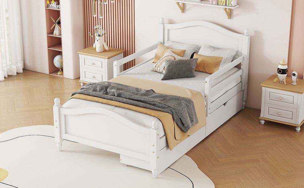 Twin Size Wood Platform Bed With Guardrails On Both Sides And Two Storage Drawers ,White Twin White Wood