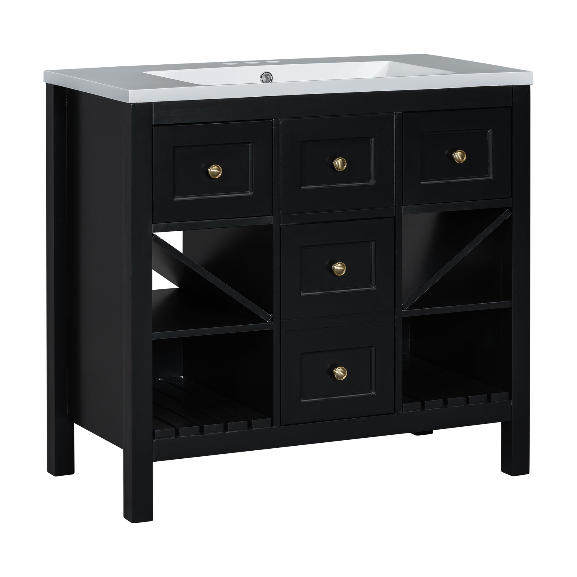 36'' Bathroom Vanity With Resin Sink Combo, Solid Wood Frame Bathroom Storage Cabinet, Freestanding Vanity Set With 5 Drawers& Soft Closing Doors Same As Sw000141Aab Black Bathroom Solid Wood Mdf Resin