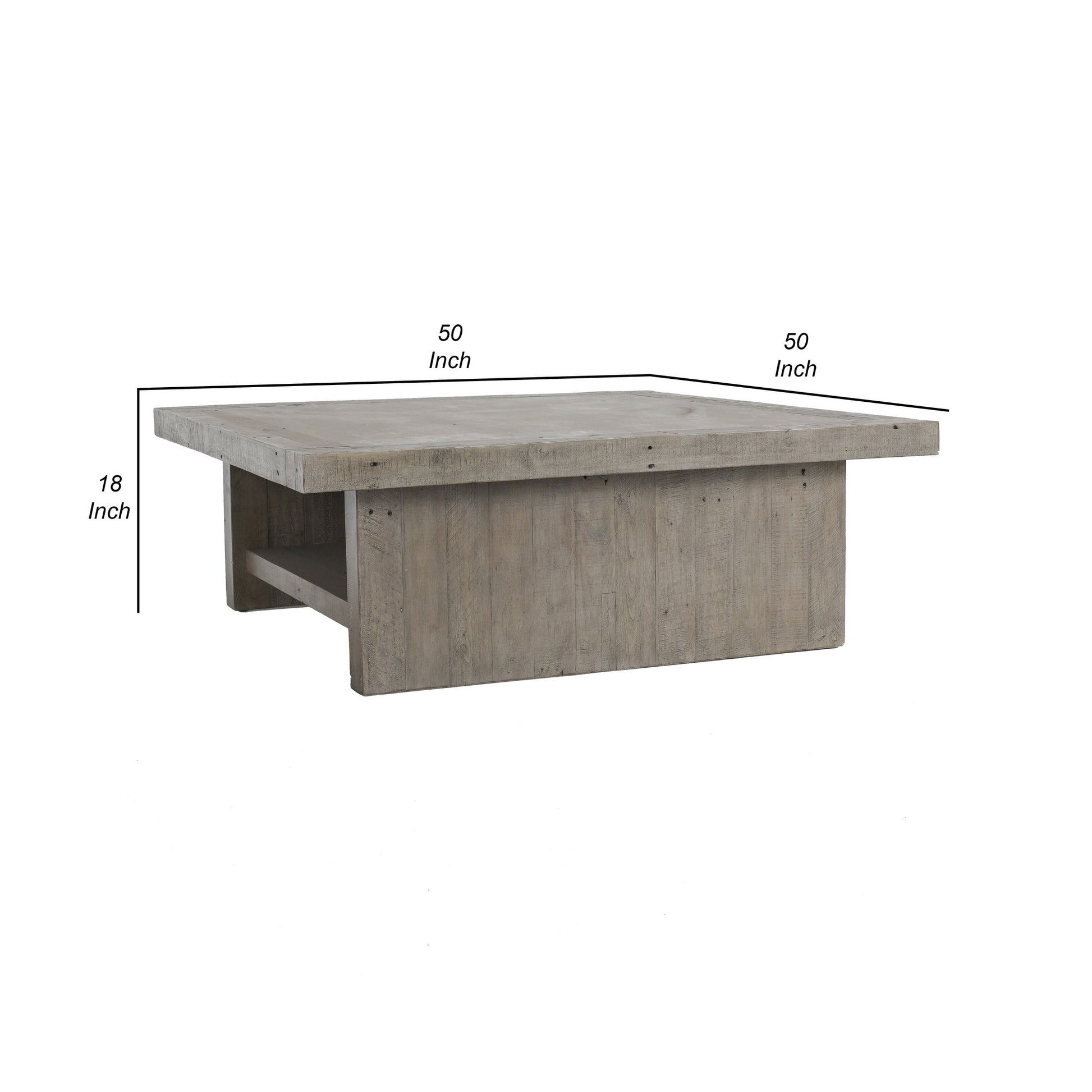 50 Inch Square Coffee Table, Concrete Laminated Surface, Distressed Gray Gray Wood