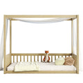 Full Size Canopy Frame Floor Bed With Fence, Guardrails,Natural Full Natural American Design Pine