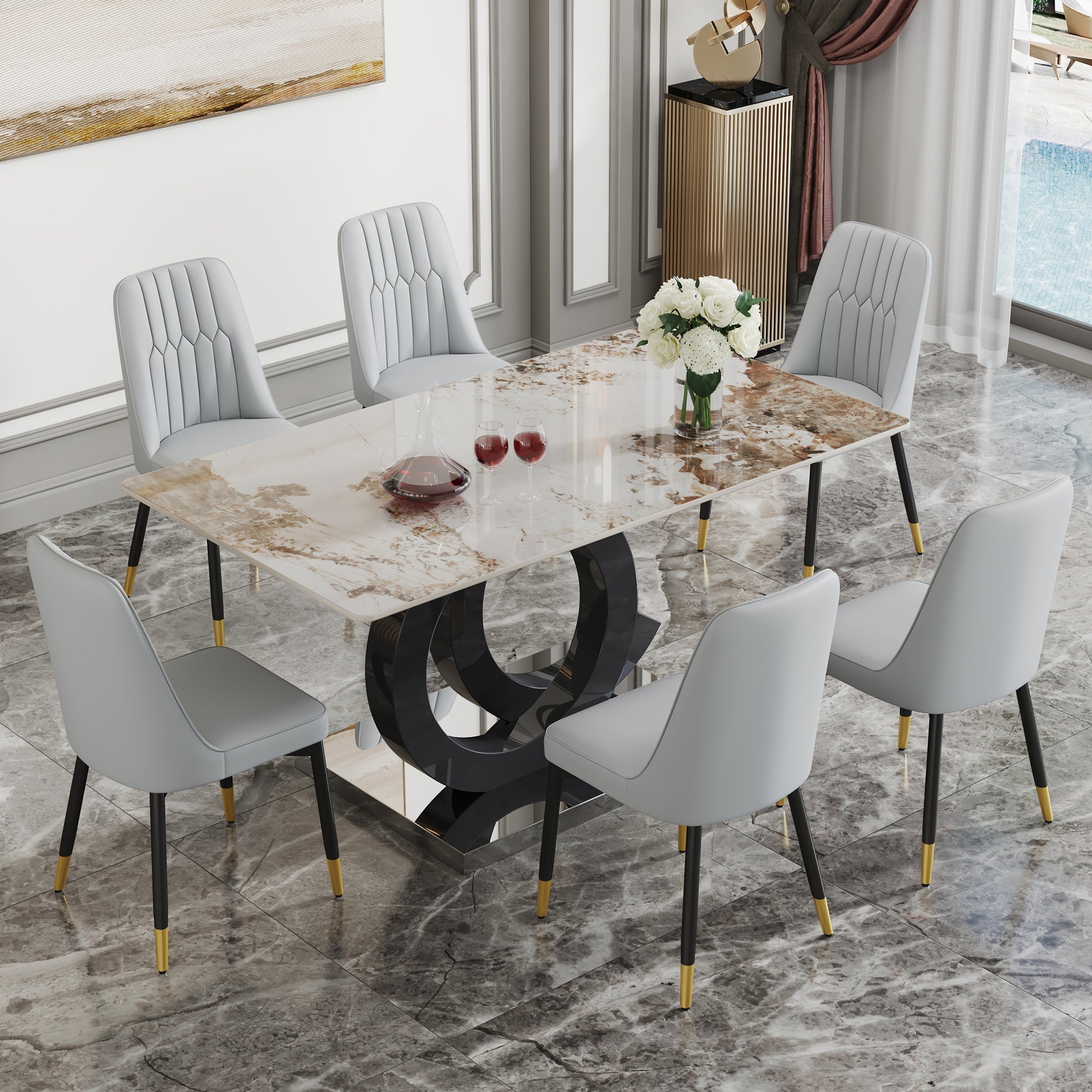 Table And Chair Set.63"X31.5" Marble Pattern Sintered Stone Table With Mdf Oc Shaped Bracket.Paired With 6 Light Gray Chairs With Pu Cushions And Black Metal Legs.Suitable For Kitchen,Dining