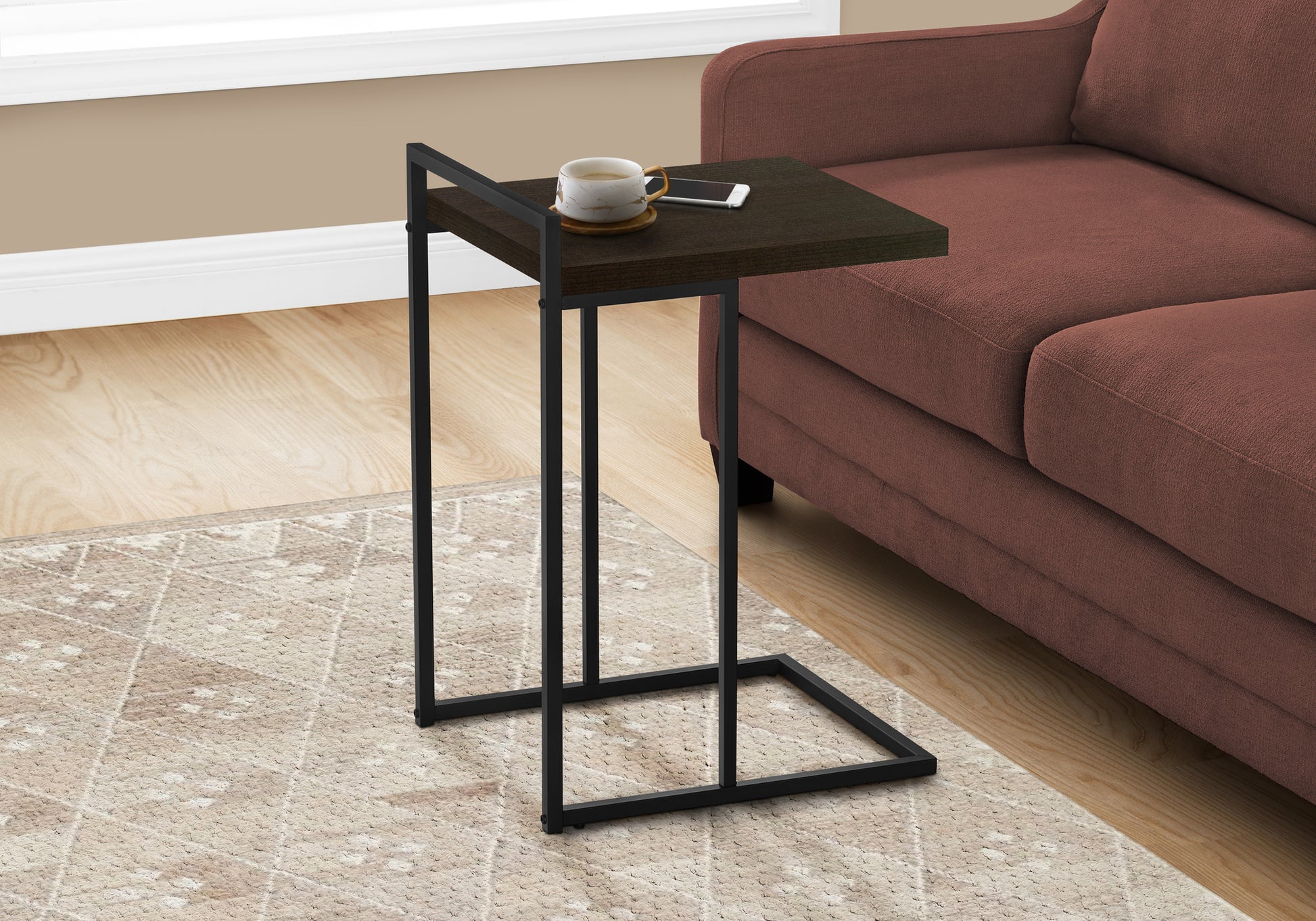 Accent Table, C Shaped, End, Side, Snack, Living Room, Bedroom, Brown Laminate, Black Metal, Contemporary, Modern Espresso Particle Board