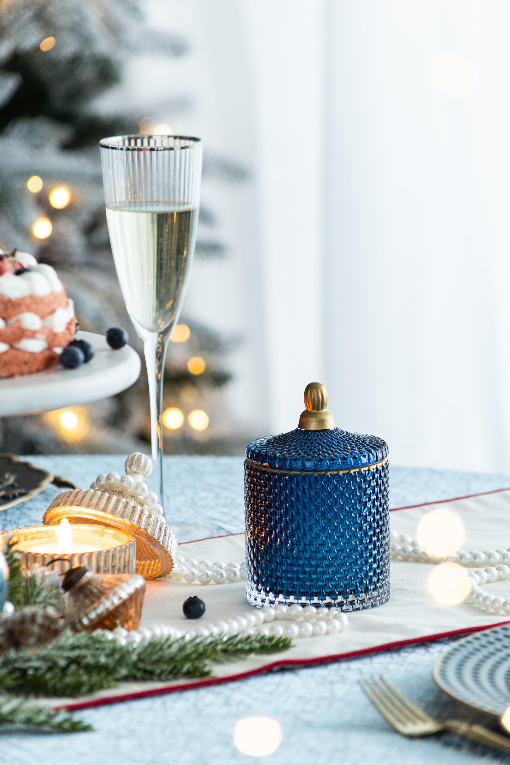 S 2 Glass Candy Jar With Lid, Christmas Candy Jar Containers, Blue Gold Blue Glass