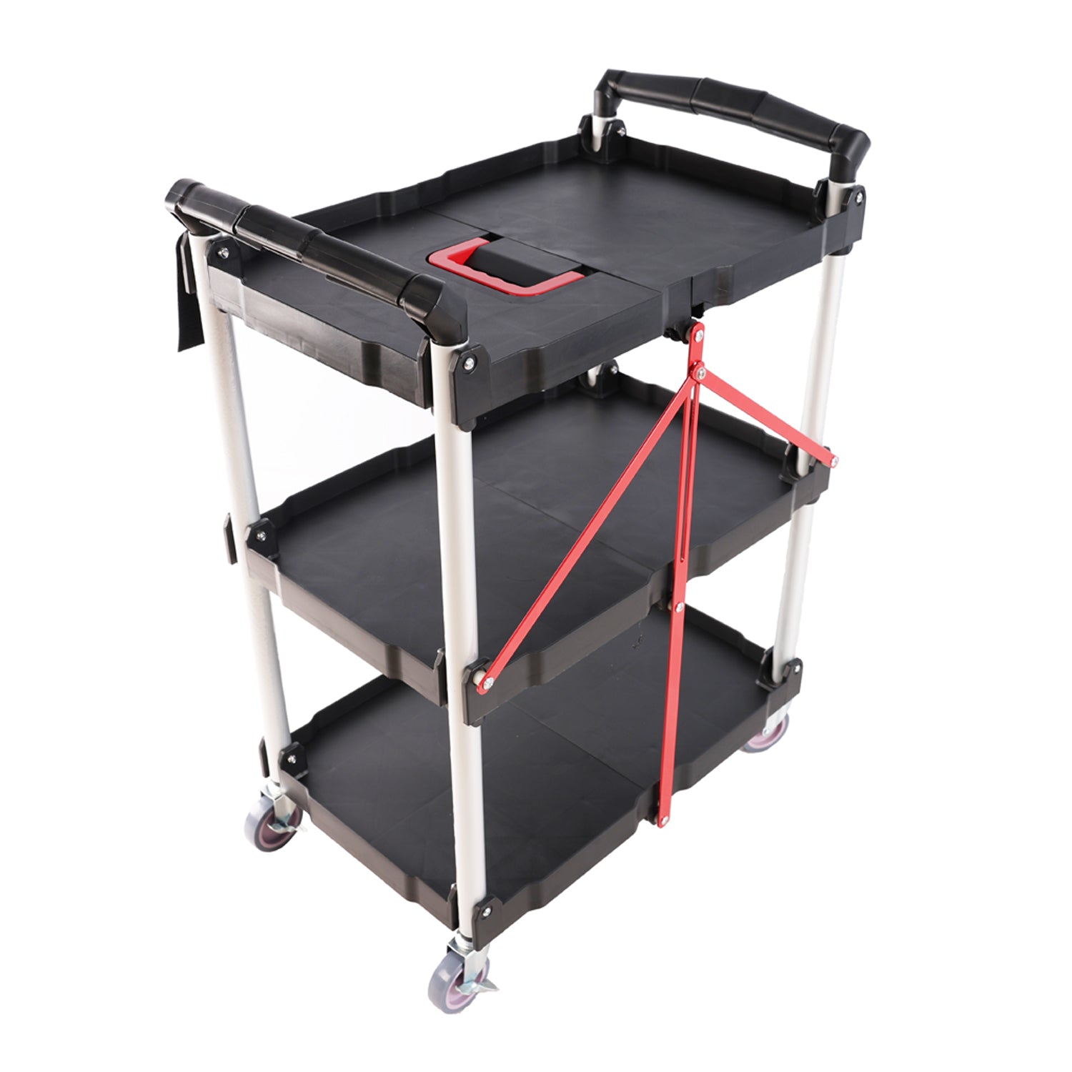 Folding Service Car With Wheels, Three Layer Practical Trolley, Folding Storage Cart, Suitable For Family, Garage, Restaurant, Hotel, Kitchen, Warehouse. No Assembly Required. Black Blue Plastic