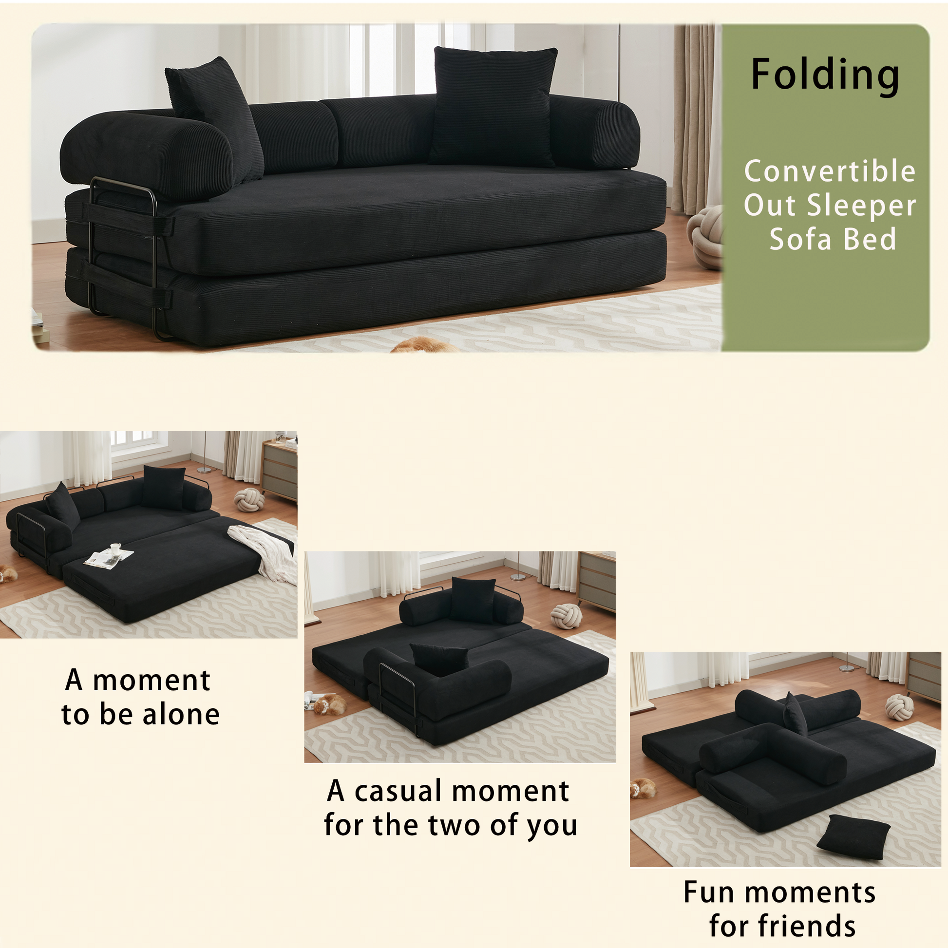 Arrived 78.5" Folding Convertible Out Sleeper Sofa Bed,4 In 1 Diy Combination Convertible Sofa,3 Seat, Folding Sofa, King Sizebedroom,Apartment,Corduroy,Green,Black Black Polyester Primary Living