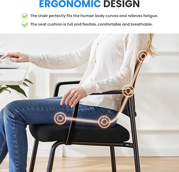 Guest Waiting Room Office Arm Chairs 2 Pack No Wheel For Reception Meeting Conference, Stacking Padded Fabric Seat, Mesh Back & Ergonomic Support Rest For Home Lobby Computer Desk Black Metal