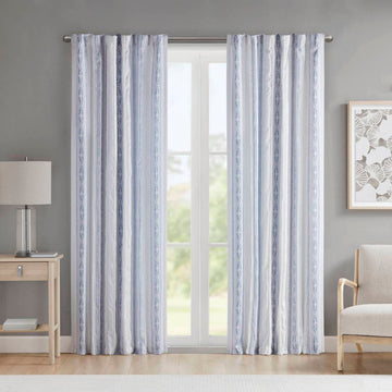 Poly Printed Curtain Panel With Tufted Stripe And Lining White Navy 50X95" Multicolor Polyester