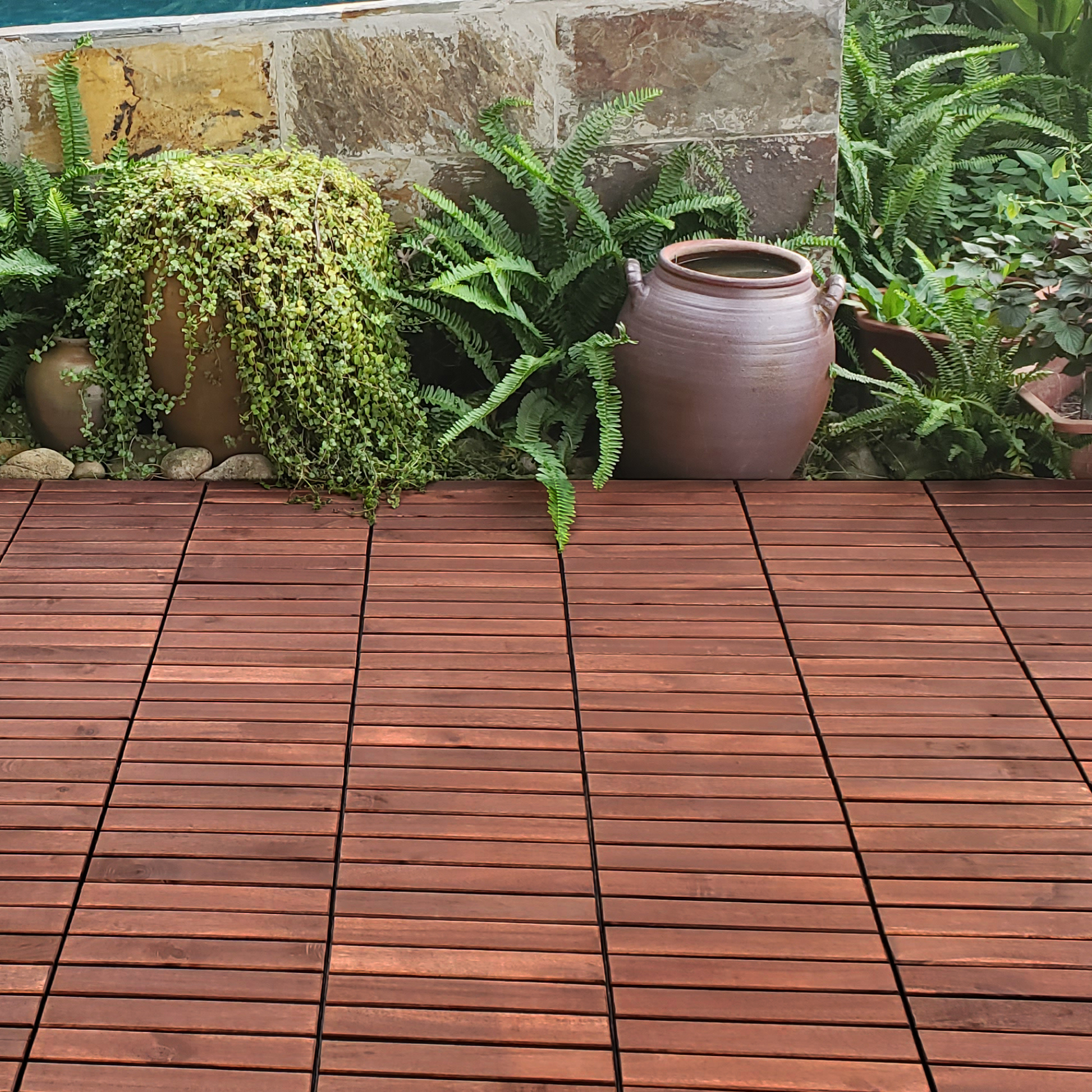 10 Pcs Interlocking Deck Tiles Striped Pattern, 12" X 12" Square Acacia Hardwood Outdoor Flooring For Patio, Bancony, Pool Side,.. Brown Garden & Outdoor American Design,American Traditional,Antique Solid Wood