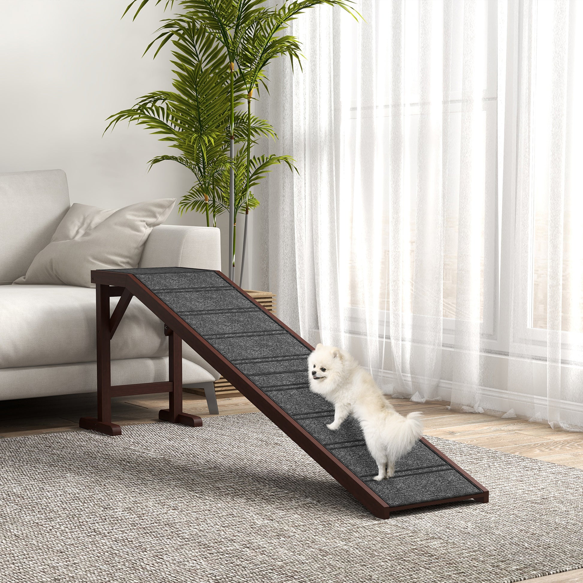 Pawhut Dog Ramp For Bed, Pet Ramp For Dogs With Non Slip Carpet And Top Platform, 74" X 16" X 25", Brown Brown Wood