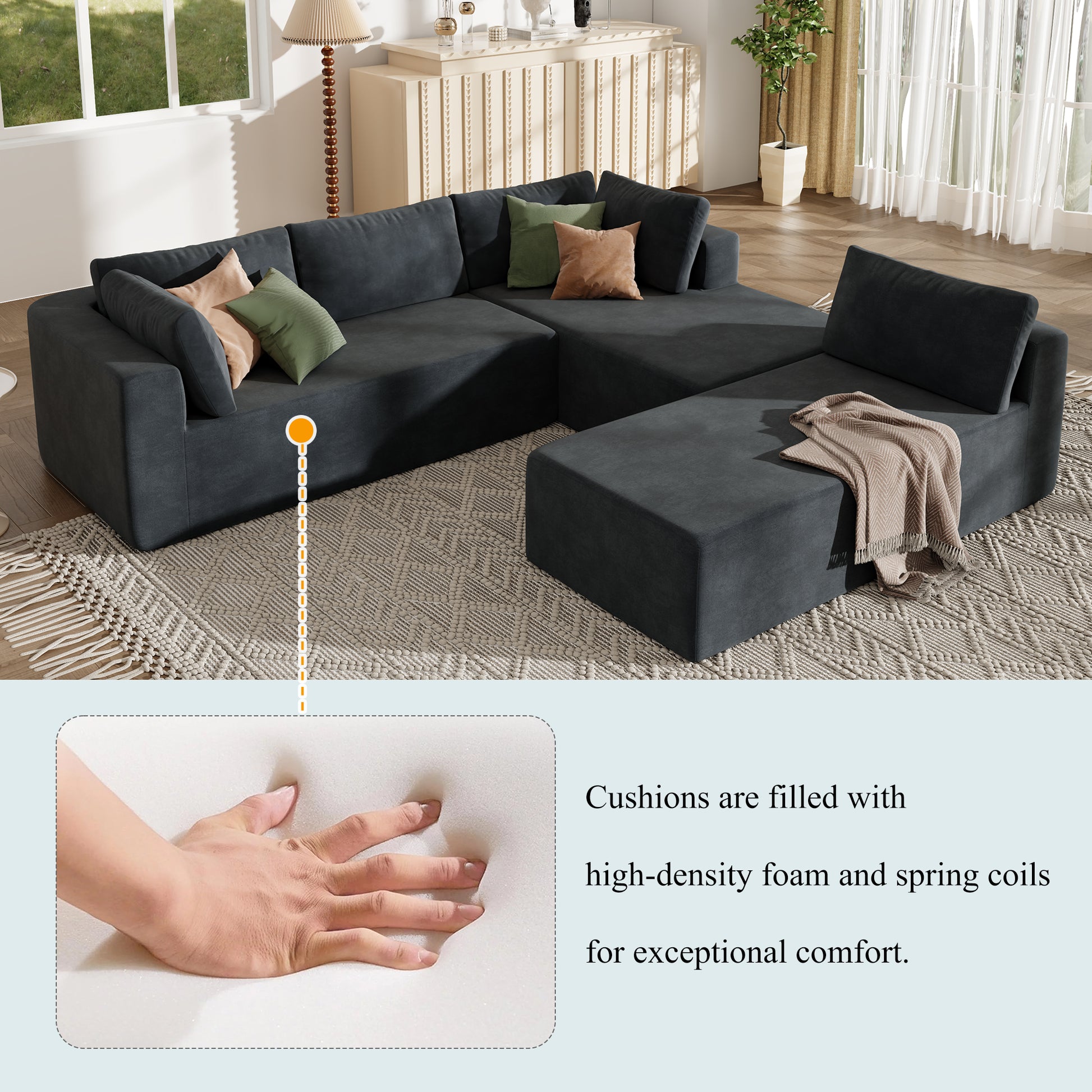 Modern Large Modular Sectional Sofa For Living Room, Bedroom, Salon, 3 Piece Free Combination Gray Polyester 3 Seat
