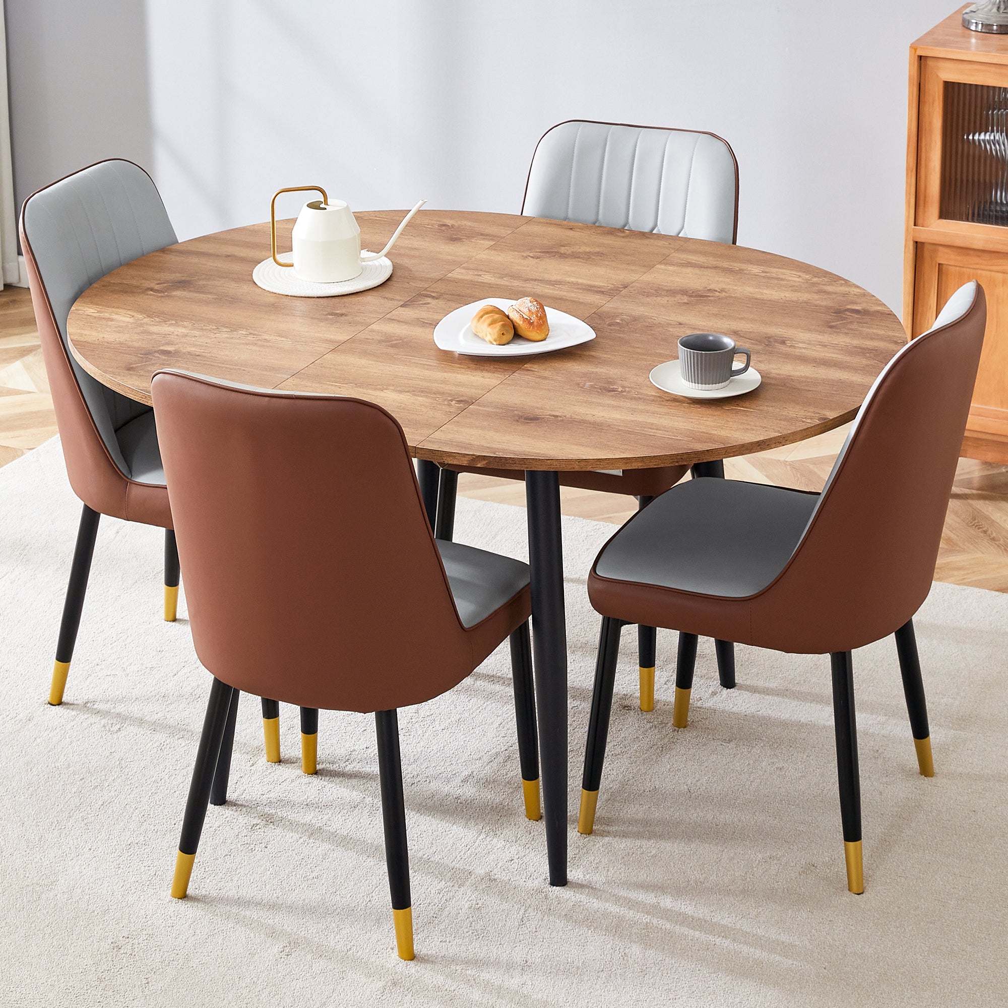 Table And Chair Set.Modern Extendable Wood Mdf Dining Table.The Table Has A Telescopic Design, Suitable For Gatherings Of Different Size.Paired With 4 Chairs With Pu Cushions And Black Metal Legs. Brown,Wood Seats 4 Mdf Metal