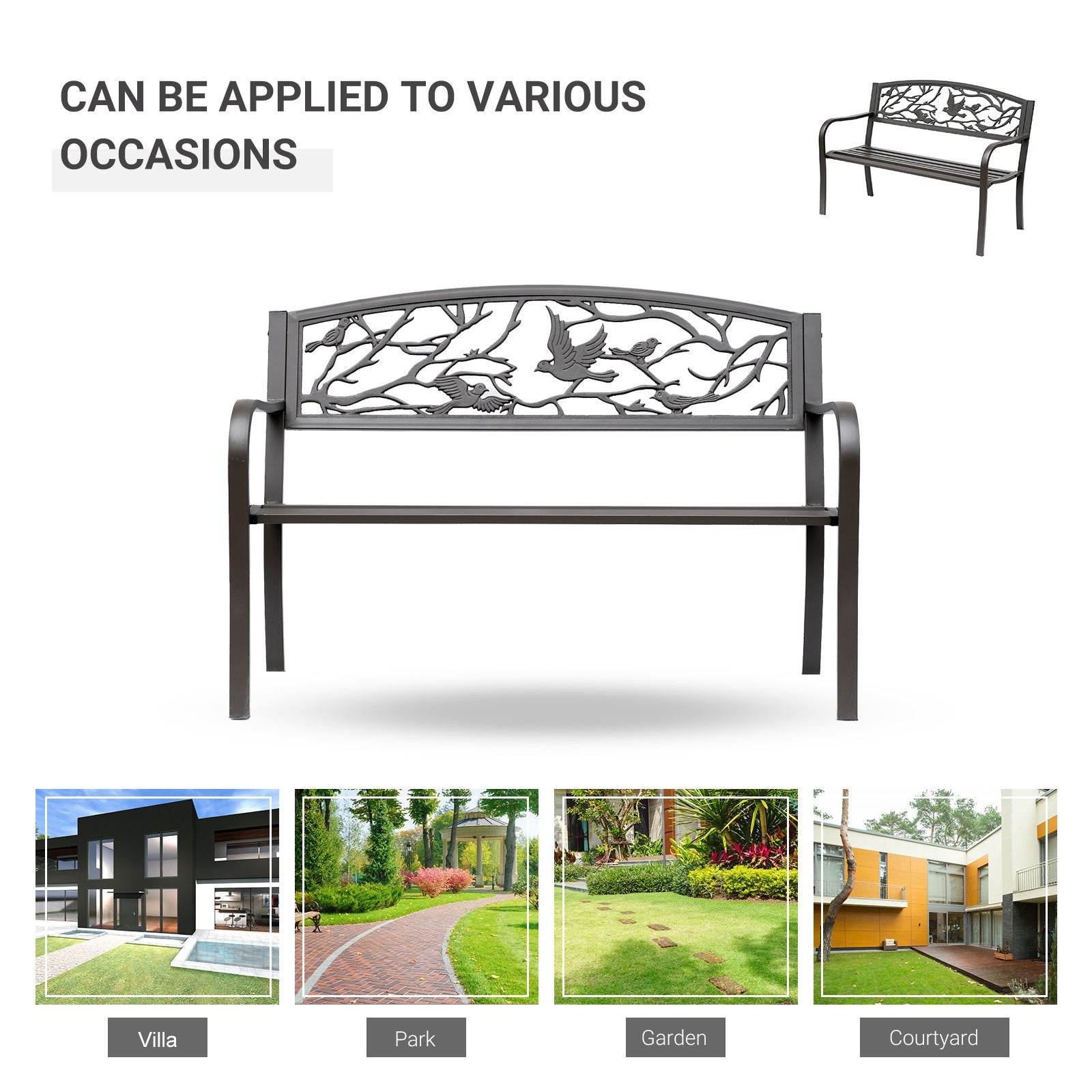 Outsunny 50" Garden Bench, Outdoor Patio Bench With Animal Pattern, Cast Steel Metal Bench For Yard, Lawn, Porch, Brown Brown Iron