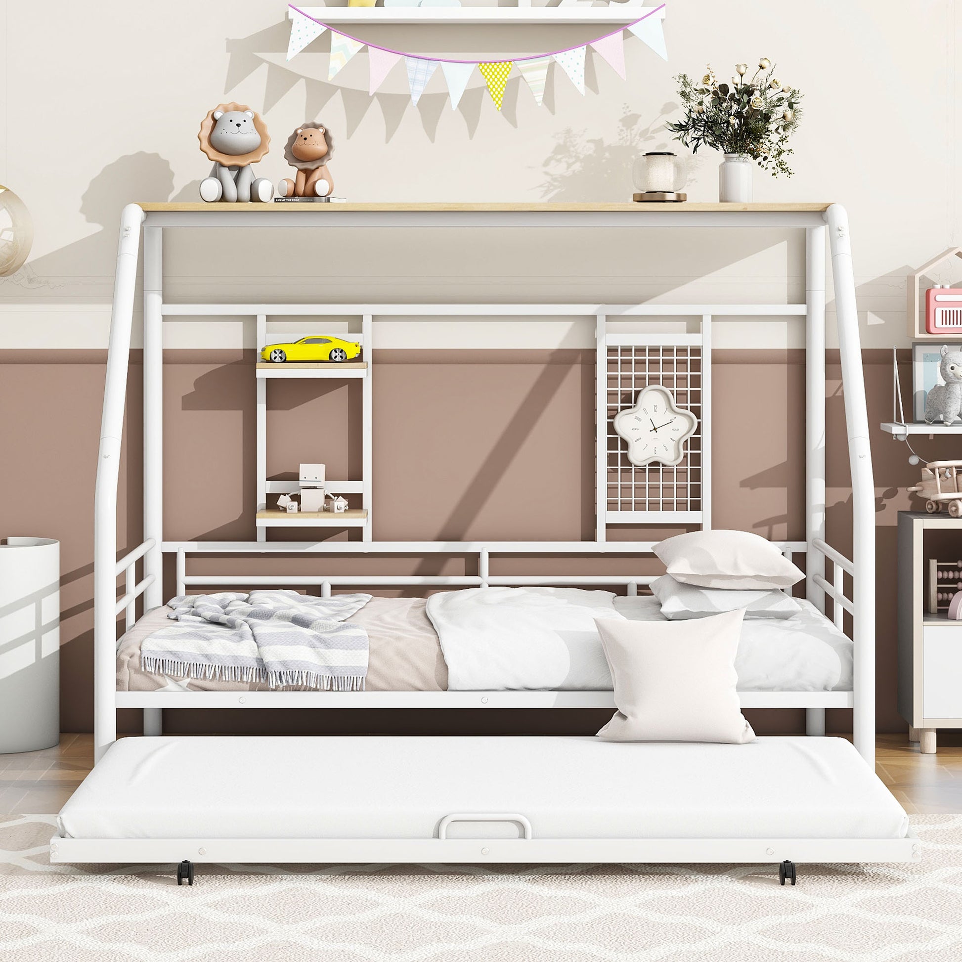 Twin Size Metal House Bed With Trundle, White Twin White Metal