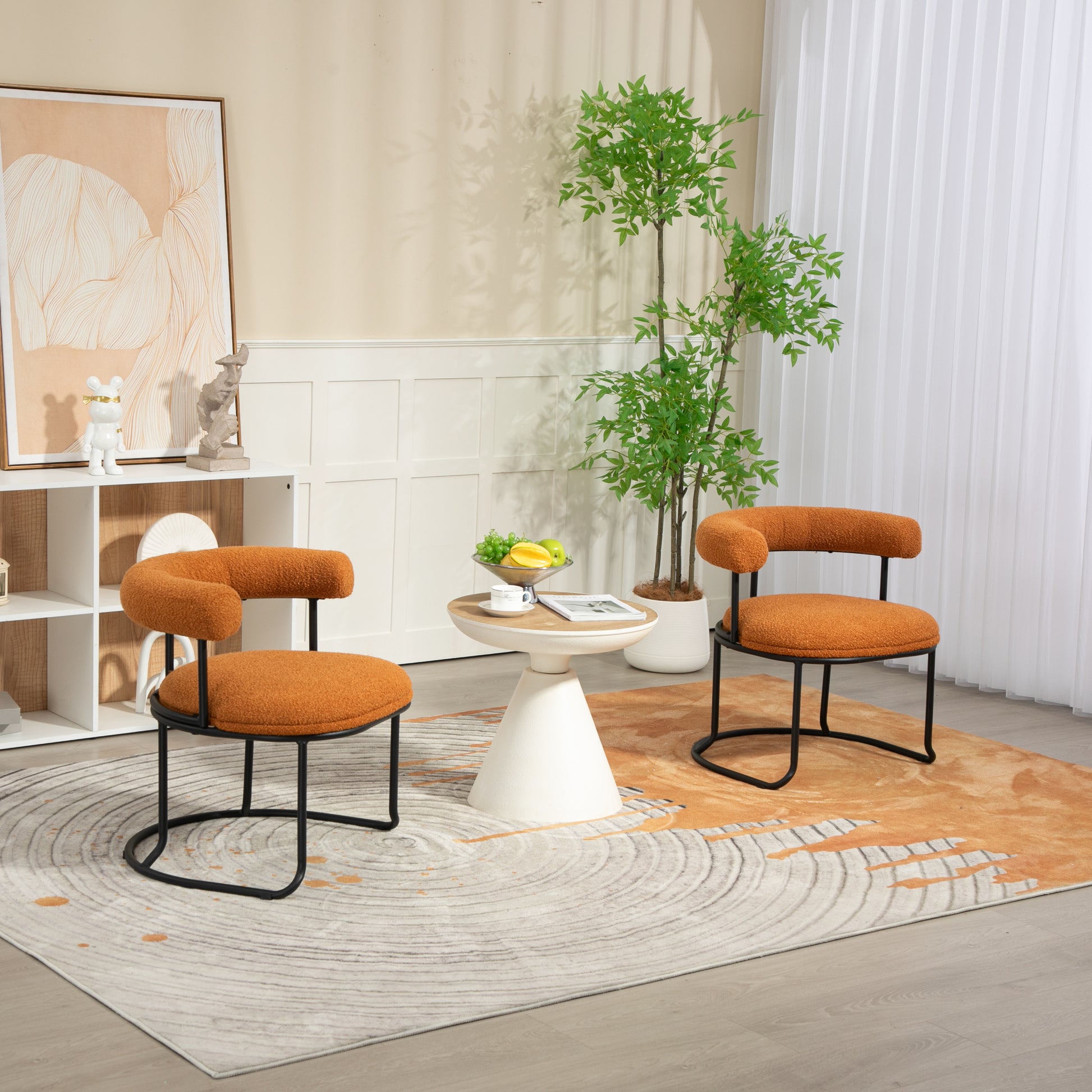 Coolmore Boucle Dining Chairs Set Of 2, Mid Century Modern Curved Backrest Chair, Round Upholstered Kitchen Chairs Orange Boucle Orange Foam Mdf Metal